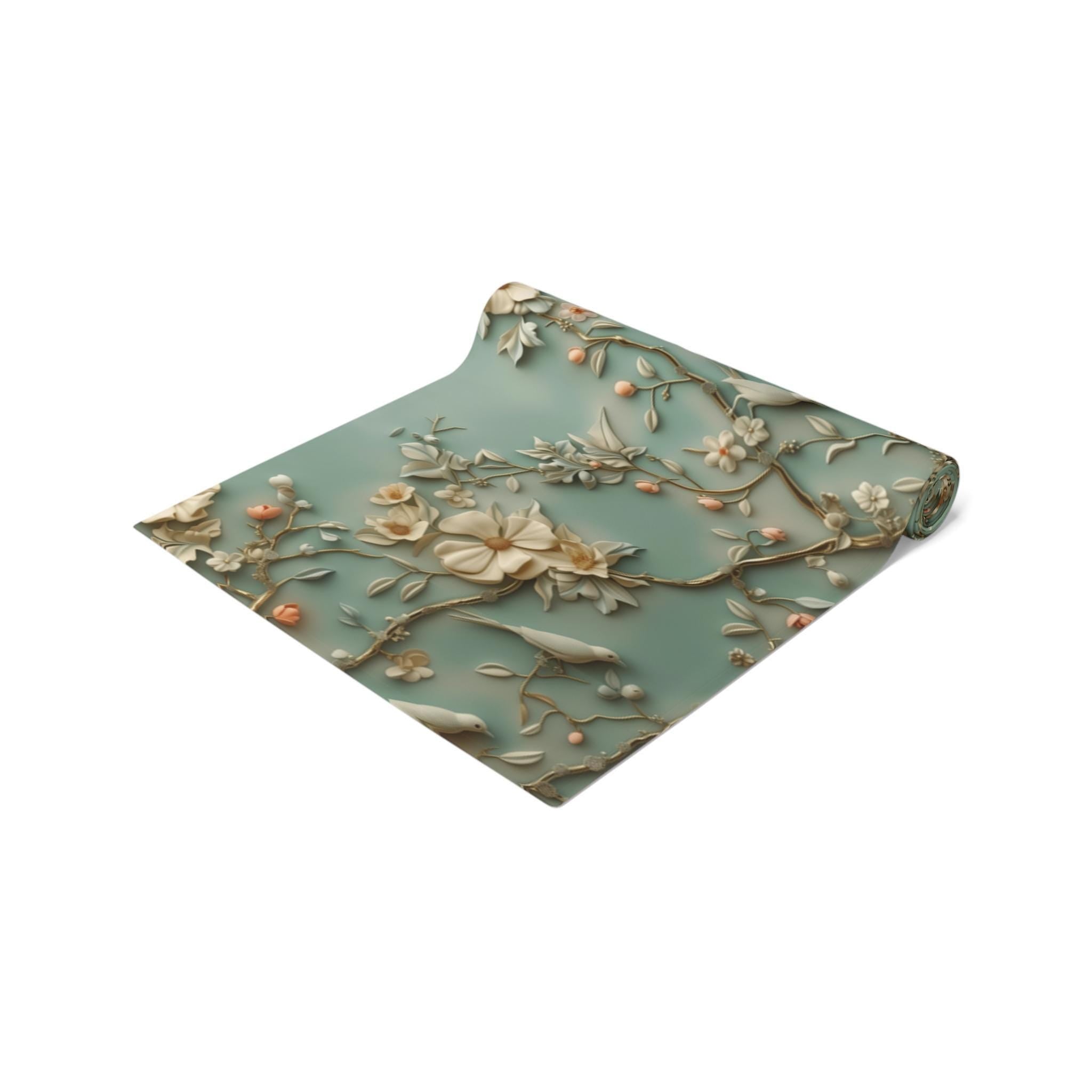Elegant Chinoiserie Table Runner: Pastel Blue-Green Birds & Blossoms, 3D Floral Dining Decor