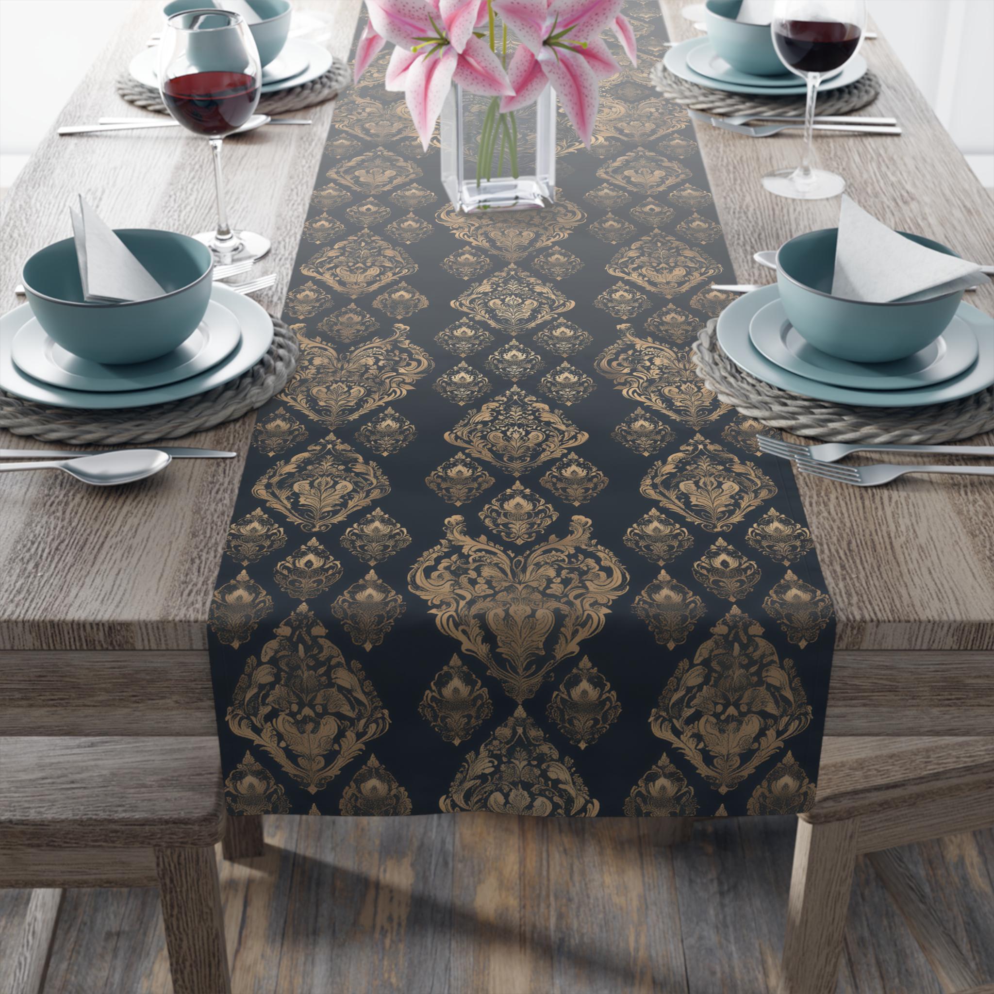 Elegant Baroque Table Runner: Black & Gold Damask for Vintage-Style Dining Room Decor