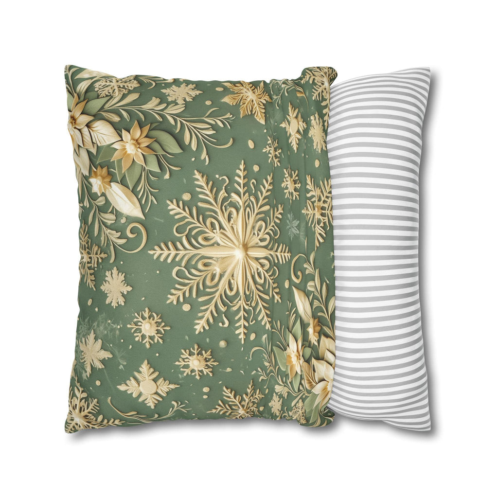 Snowflake Minty Green Square Pillowcase, Elegant Gold and Green Throw Pillow Cover
