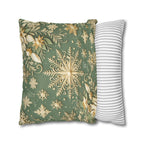 Snowflake Minty Green Square Pillowcase, Elegant Gold and Green Throw Pillow Cover