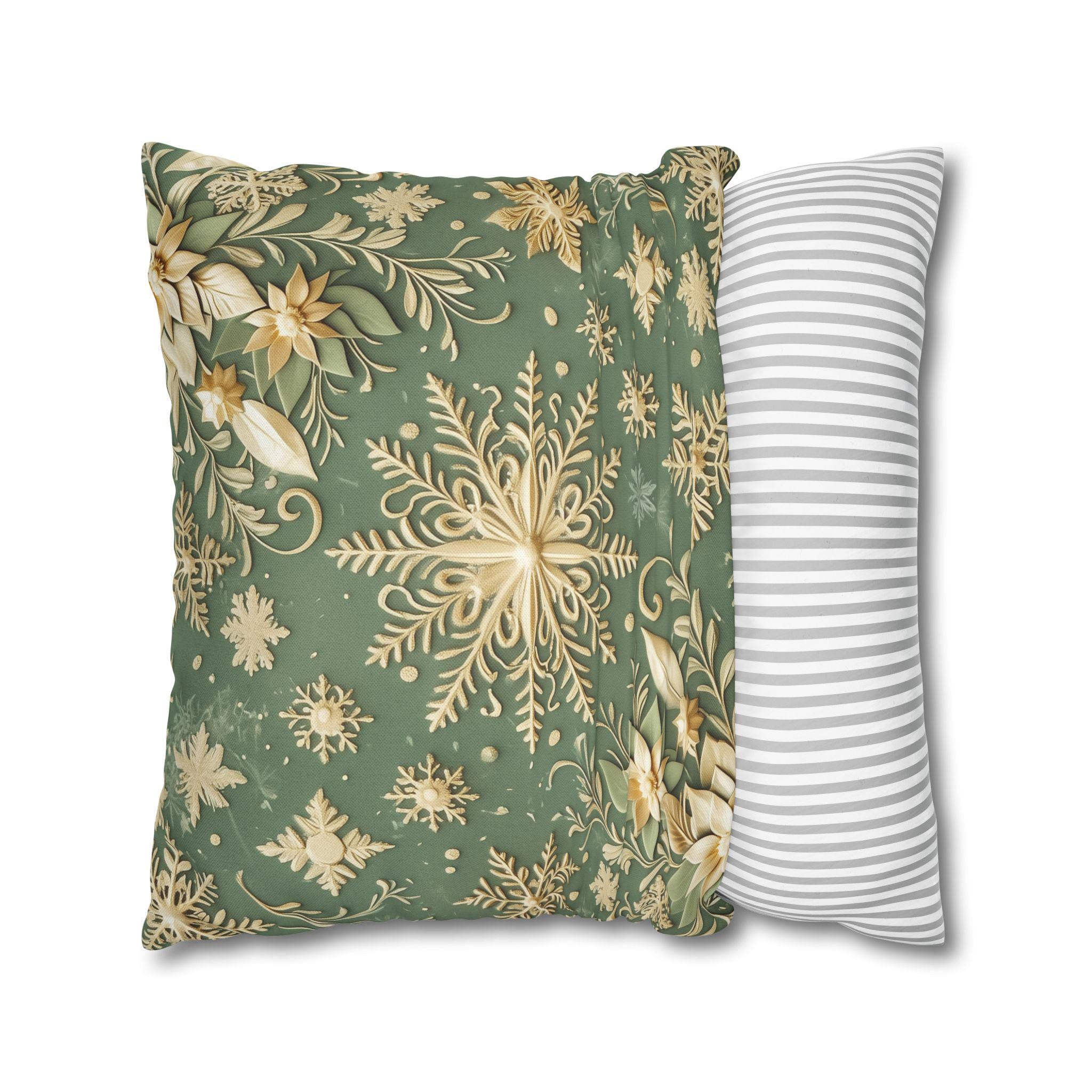 Snowflake Minty Green Square Pillowcase, Elegant Gold and Green Throw Pillow Cover