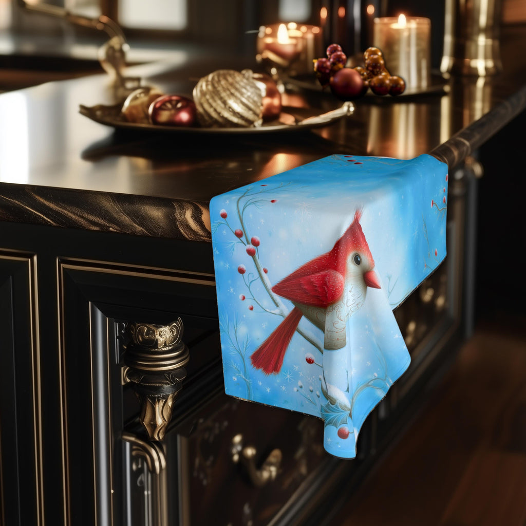 Winter Cardinal Bird Hand Towel: Frosty Blue Holiday Tea Towel