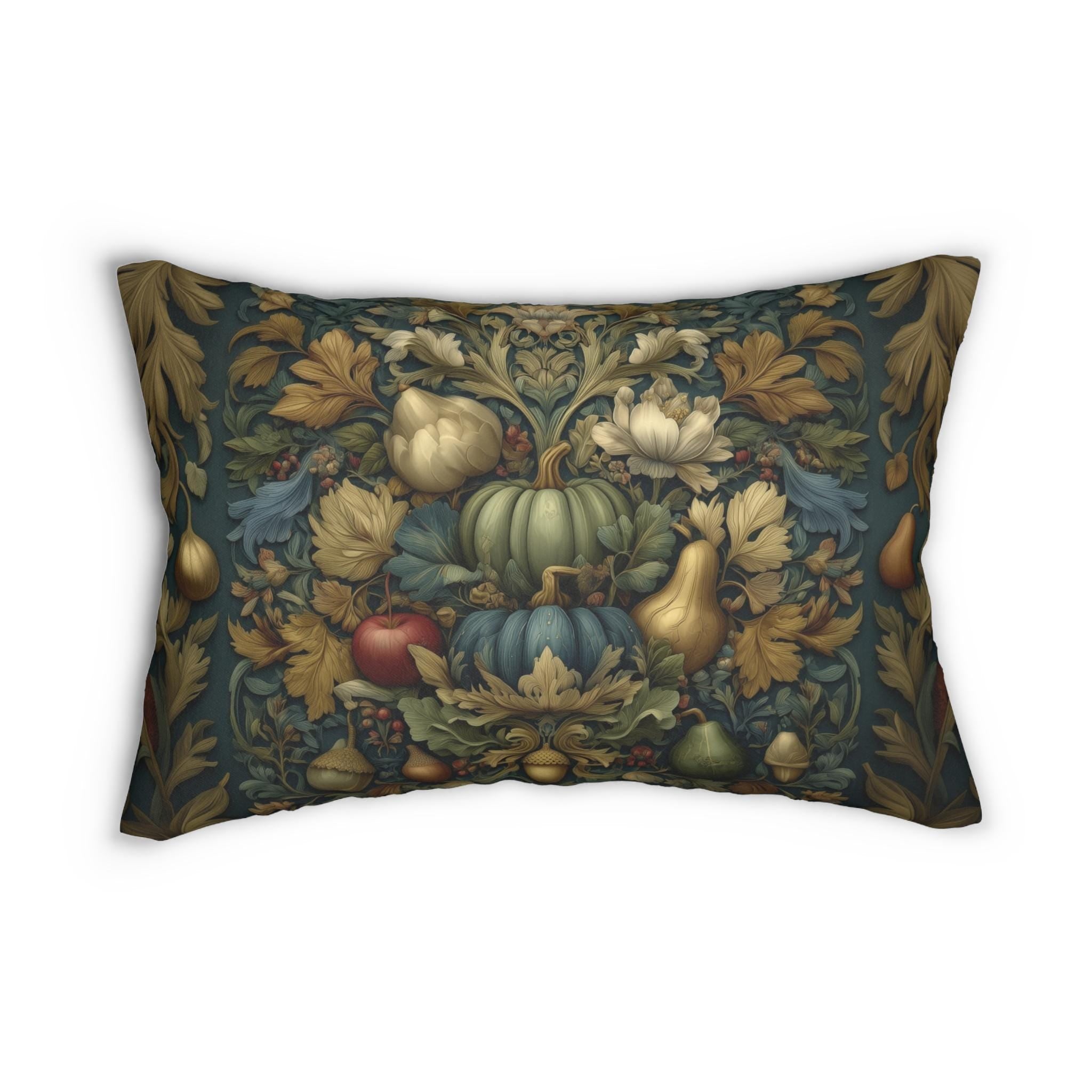 William Morris Inspired Tapestry Lumbar Pillow: Botanical Autumn Harvest for Cozy Fall Home Decor