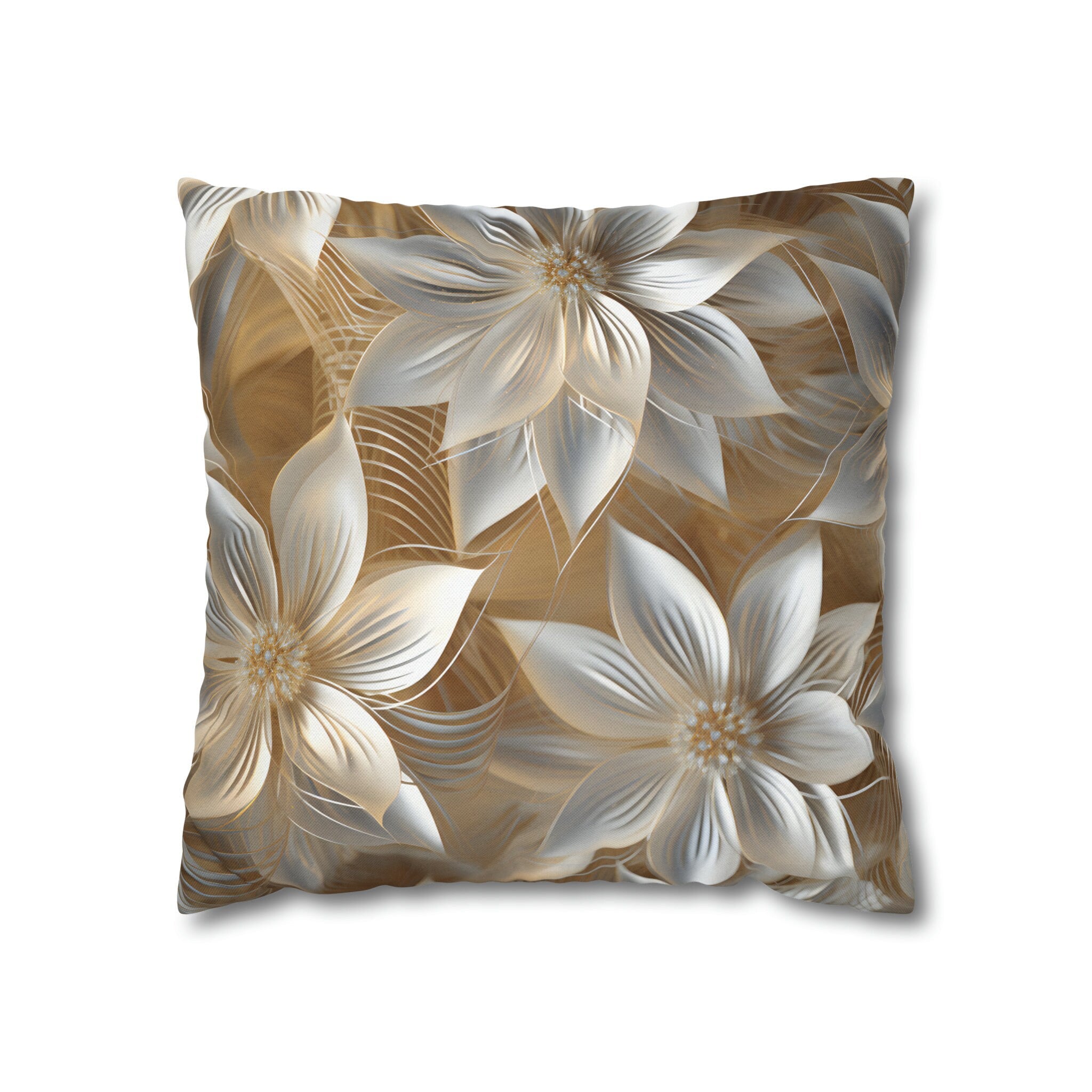 Elegant Winter Floral Pillow Cover: Pale Gold and Shimmery Silver