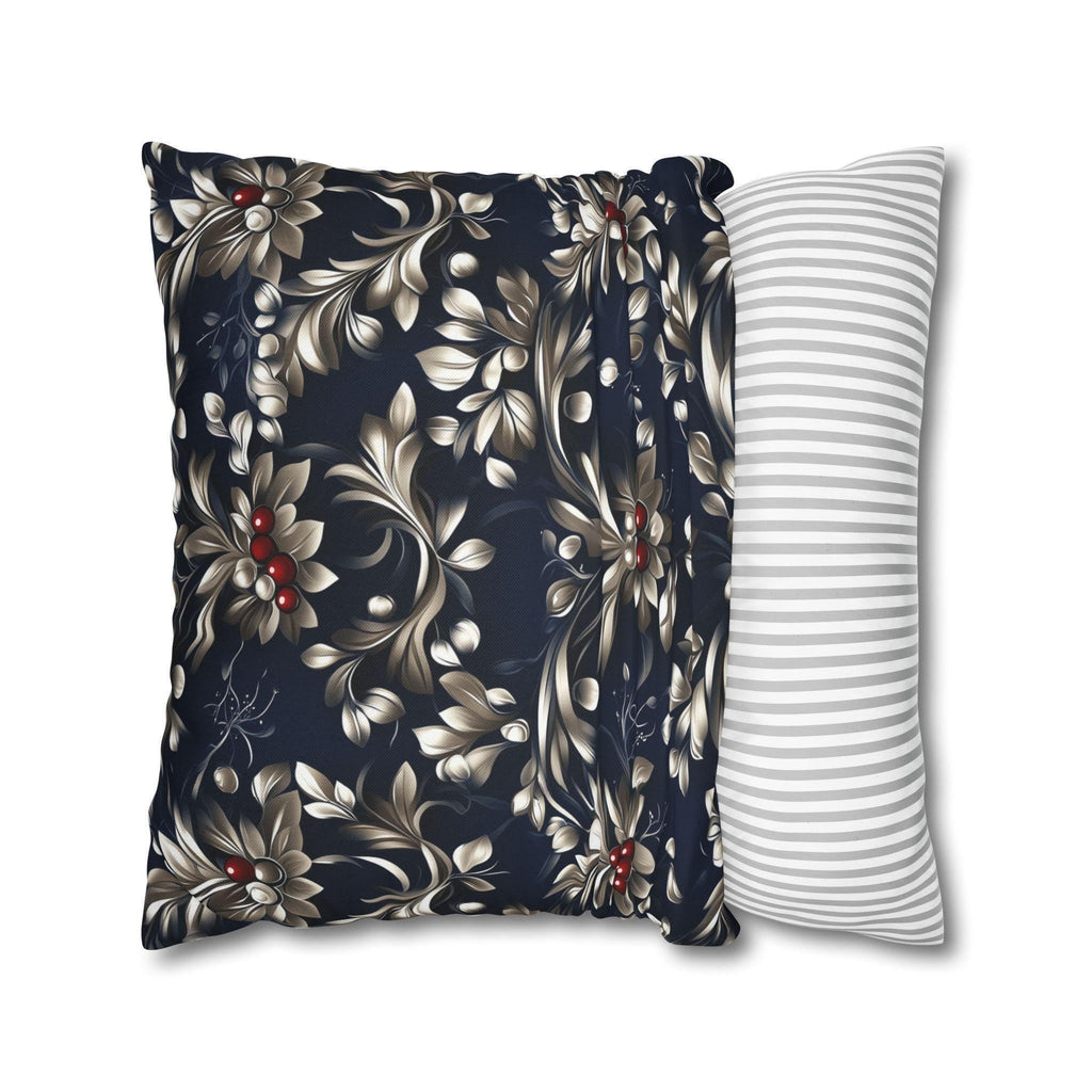 Navy Blue Holly Pillow Cover, Silver Leaf, Red Berry Christmas Decor