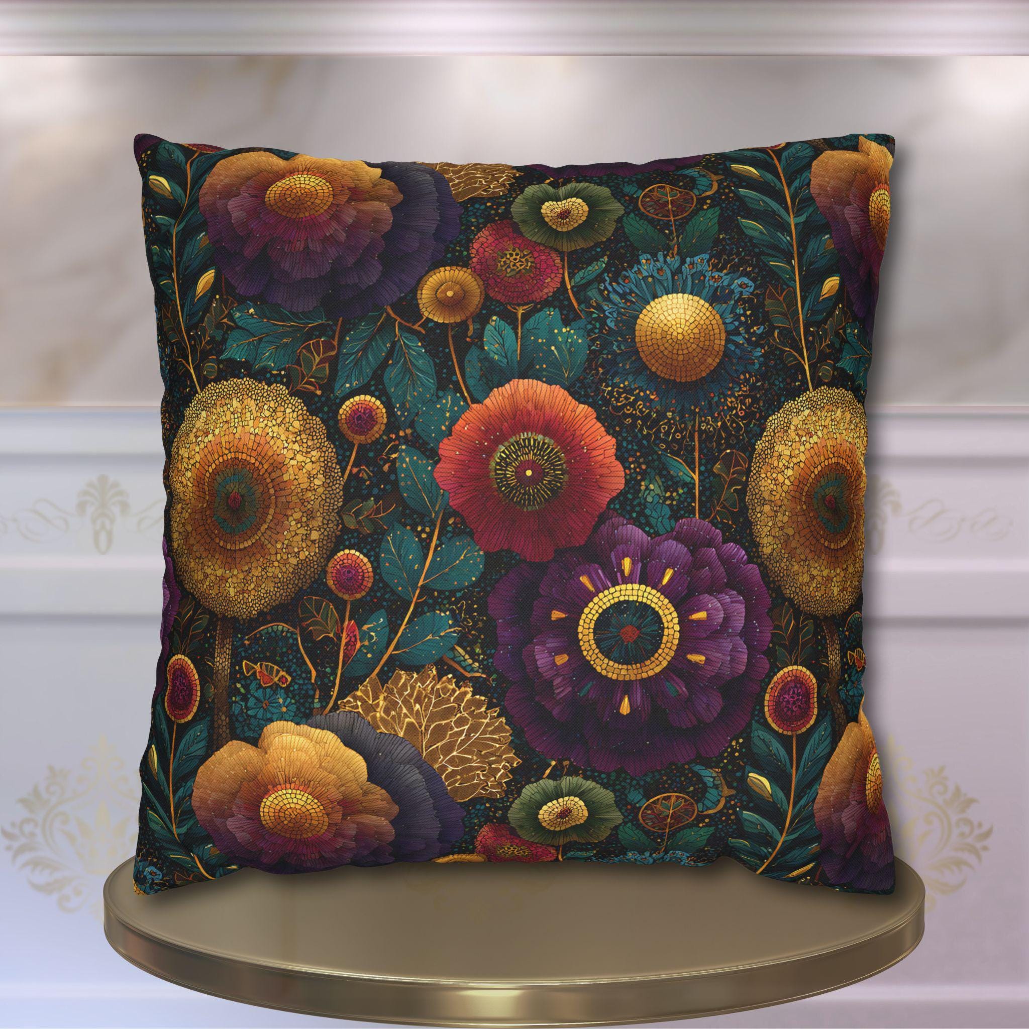 Klimt Botanical Pillow Cover: Jewel Tone Art Nouveau Home Decor