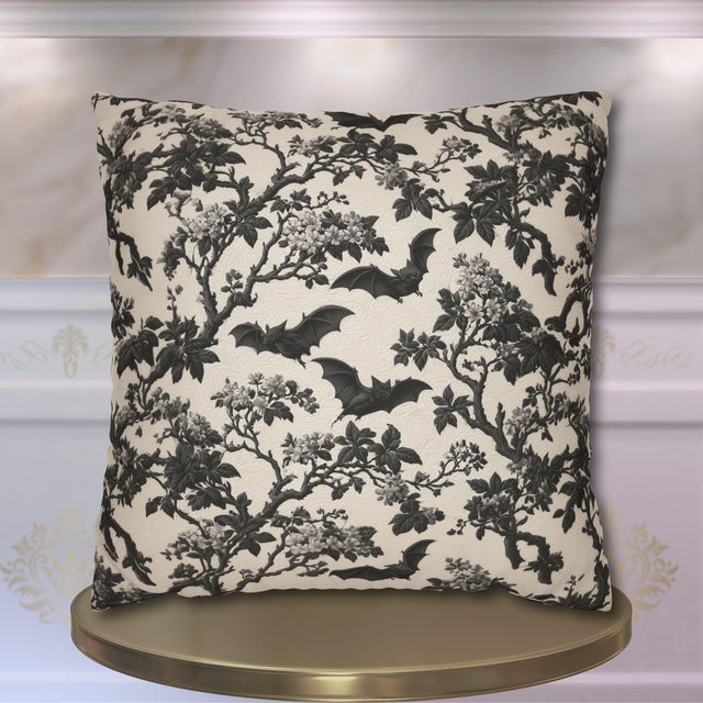 Chinoiserie Five Bats Pillow Cover: Black and Cream Halloween Floral