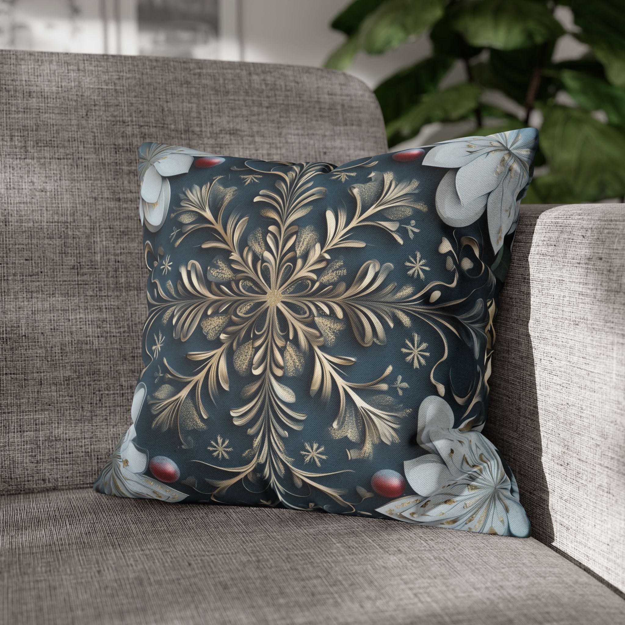 Gold White & Blue Snowflake Square Pillowcase, Elegant Festive Christmas Pillow Cover