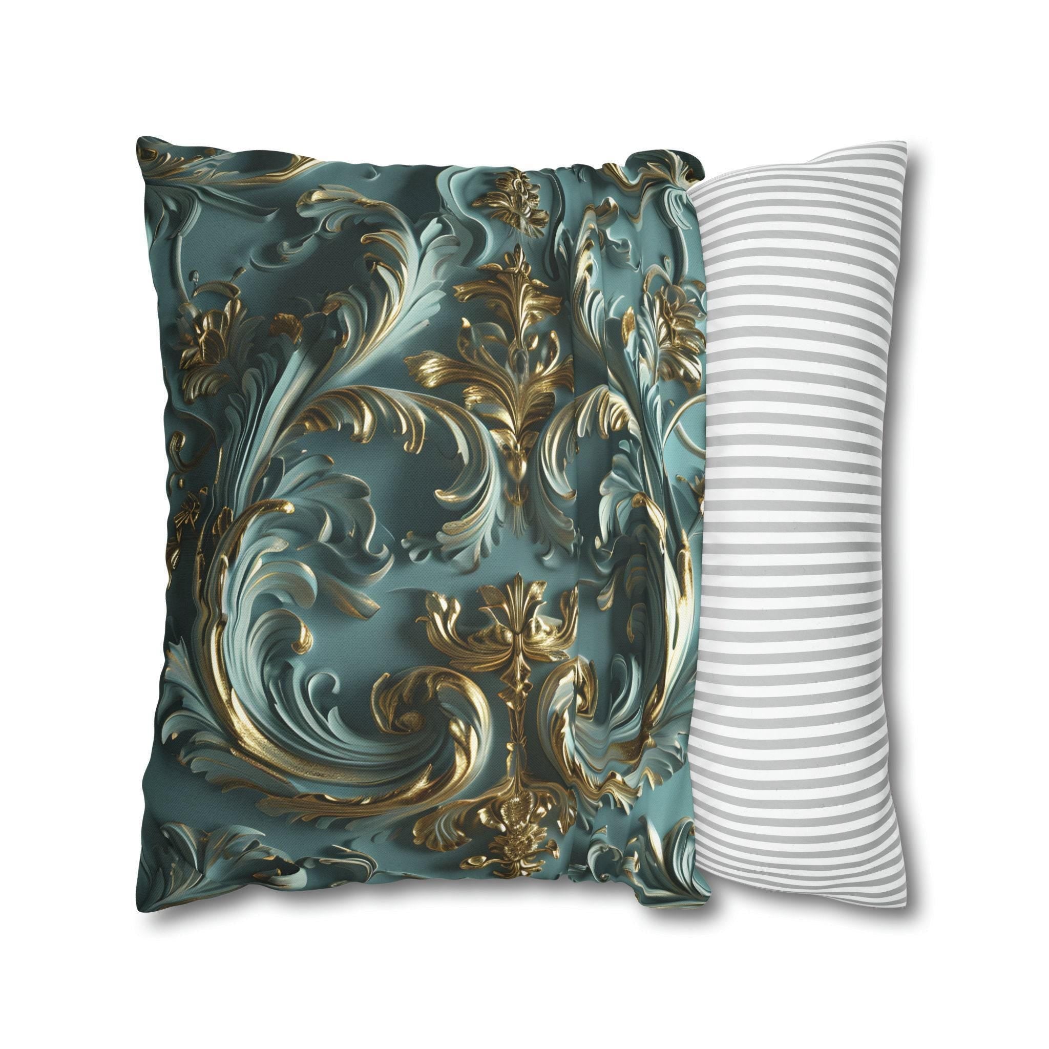 Luxurious Rococo Square Throw Pillow Cover: Teal and Soft Gold Cushion Case