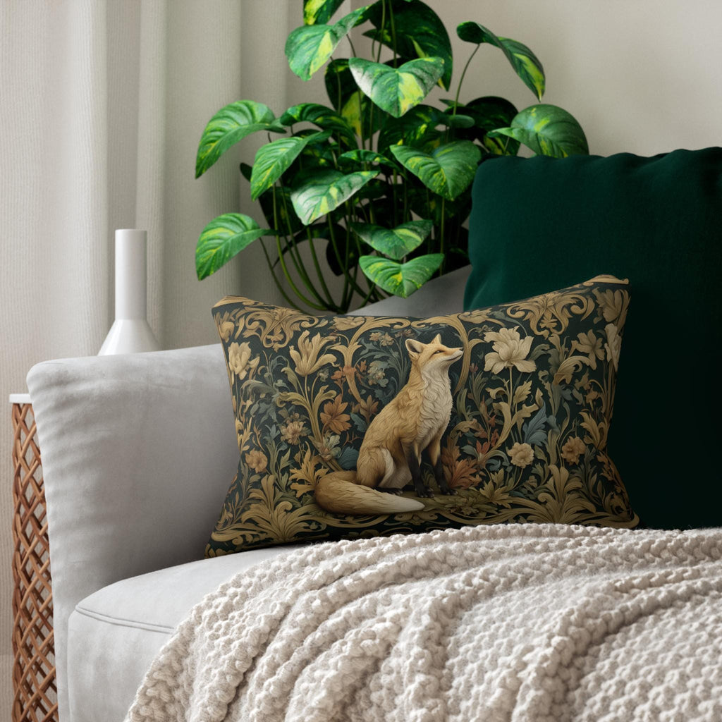 William Morris Fox Lumbar Pillow: Dark Woodland Botanical Arts & Crafts Decor