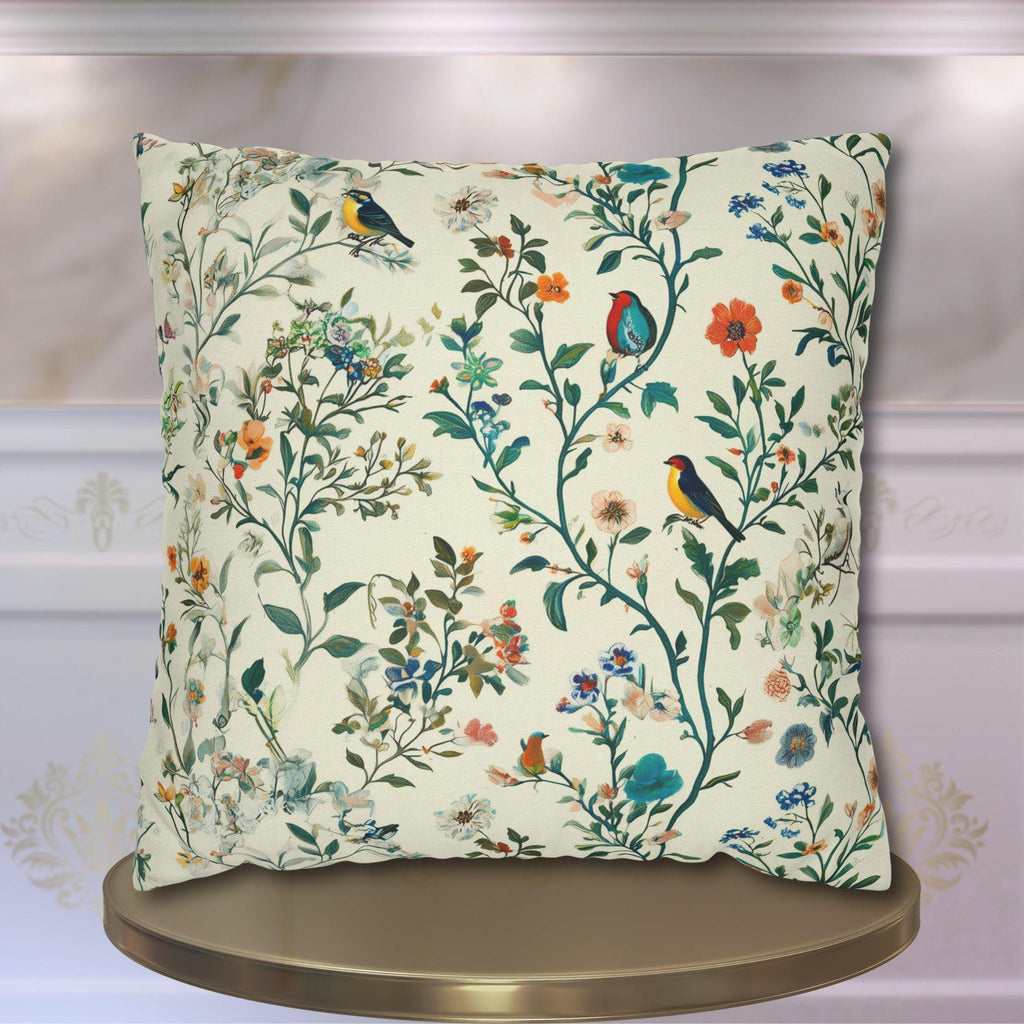 Vintage Chinoiserie Bird Pillow Cover: Cream Floral Botanical Cushion