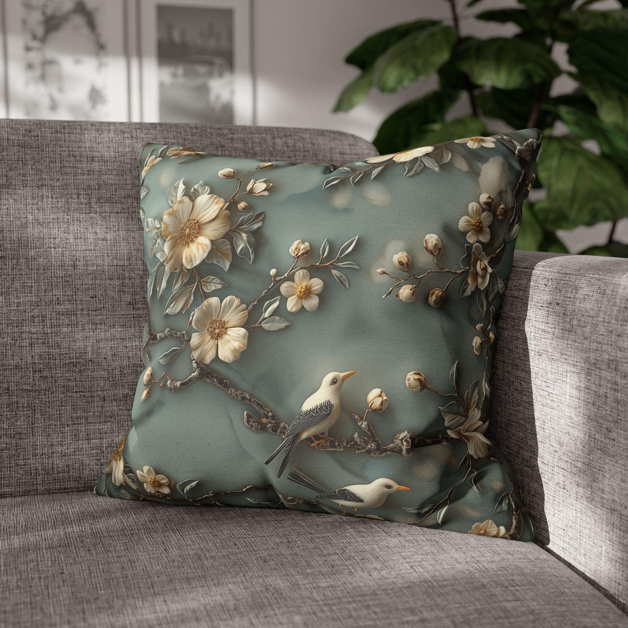 Elegant Chinoiserie Floral Pillow Cover: Cream Blossoms on Dreamy Soft Blue Background