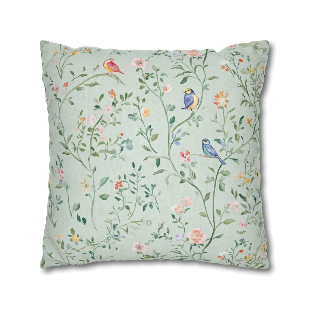 Chinoiserie Bird Cushion Cover: Mint Green Floral Pillow for Whimsical Garden-Inspired Home Decor