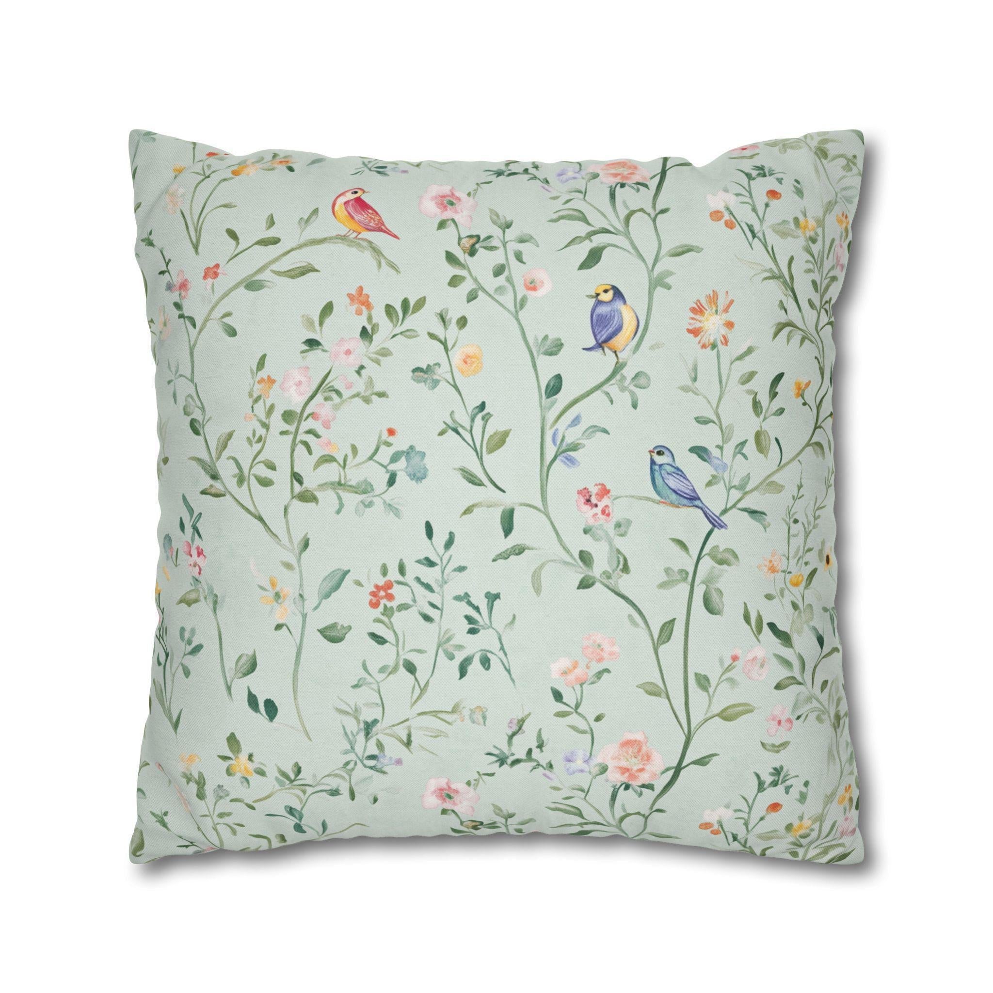 Chinoiserie Bird Cushion Cover: Mint Green Floral Pillow for Whimsical Garden-Inspired Home Decor