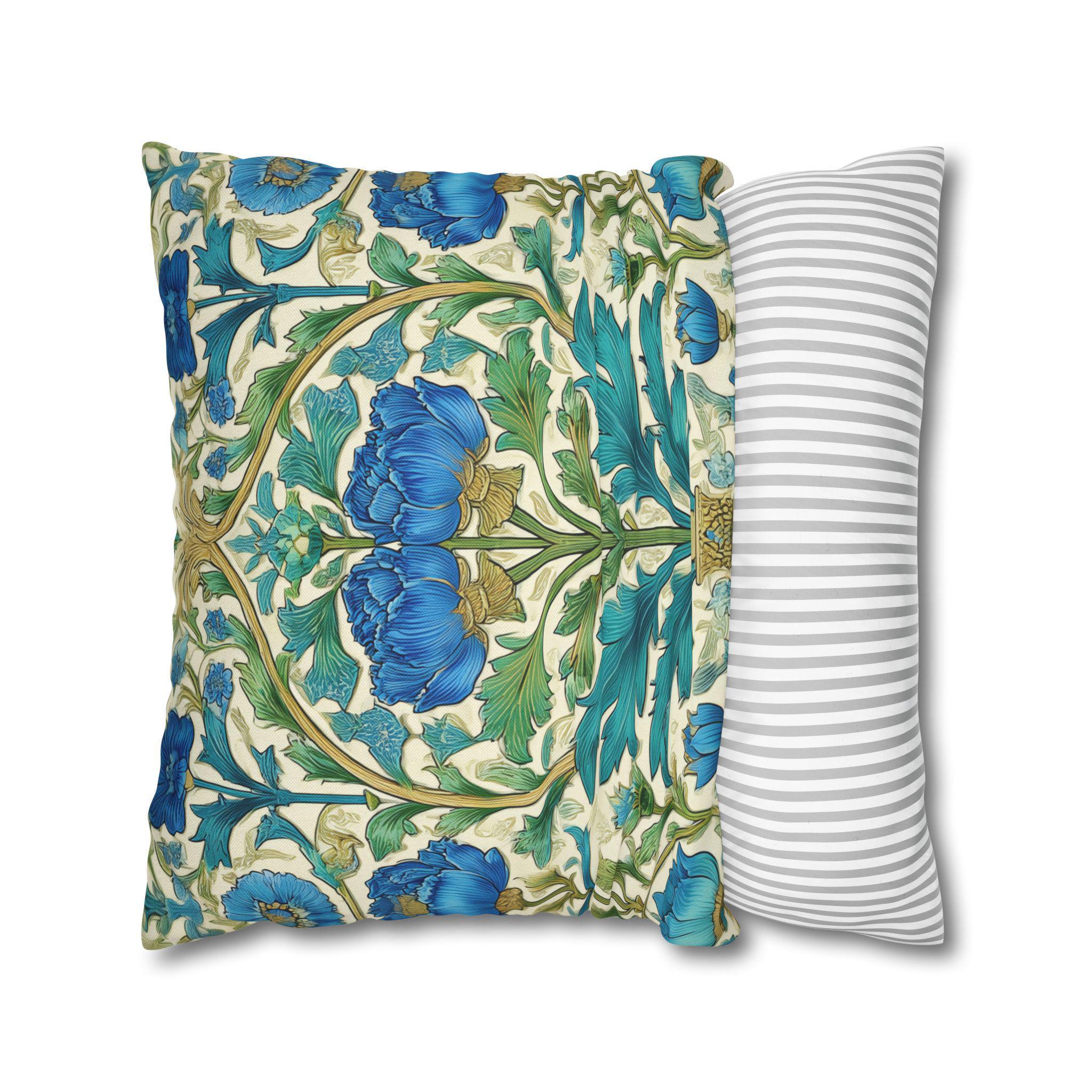 William Morris Inspired Teal Floral Pillow Cover: Art Nouveau Botanical Accent for Victorian Decor