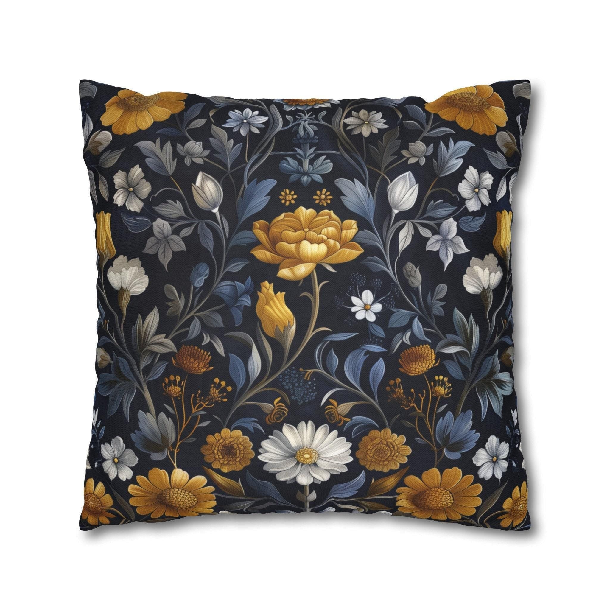 Elegant William Morris Inspired Floral Pillow Cover: Dark Background with Daisies, Tulips & Chrysanthemums