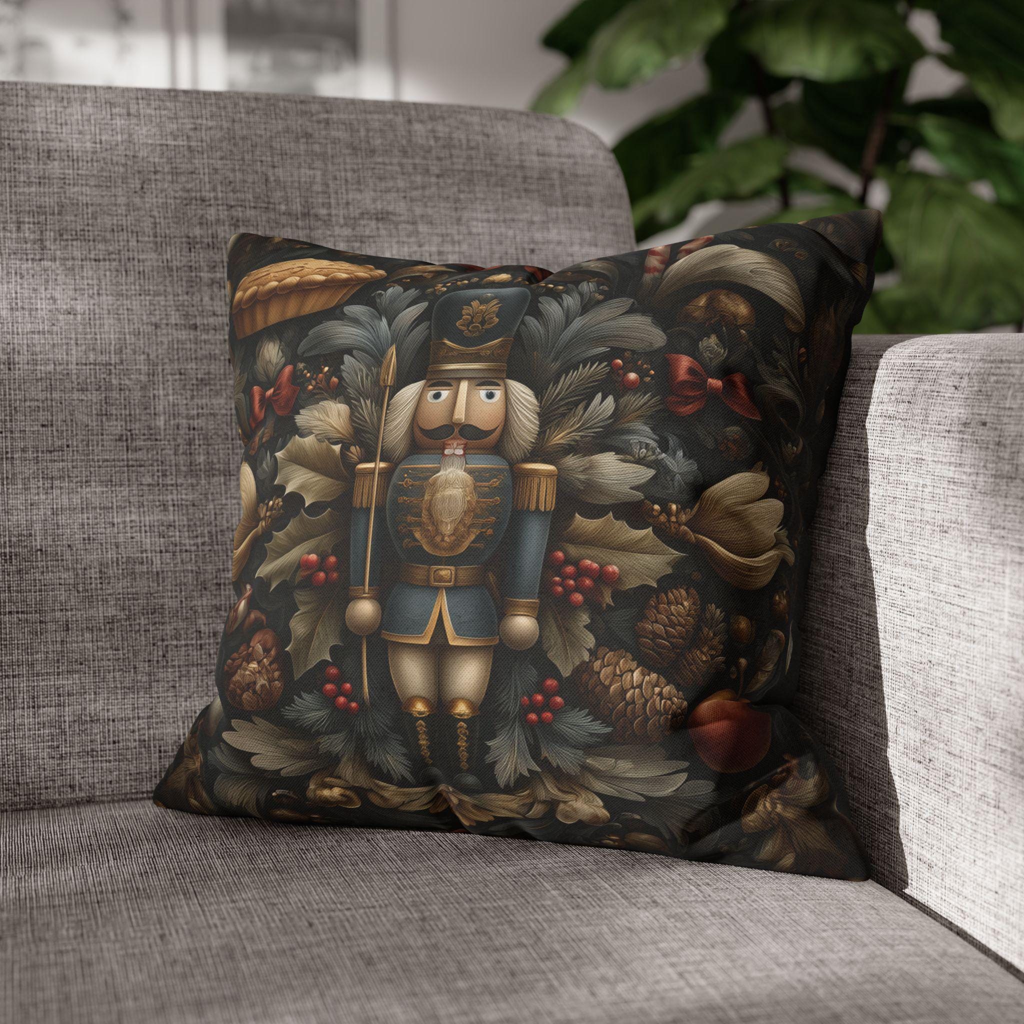 William Morris Inspired Nutcracker Christmas Pillow: Elegant Holiday Decor in Gray-Green, Gold & Red