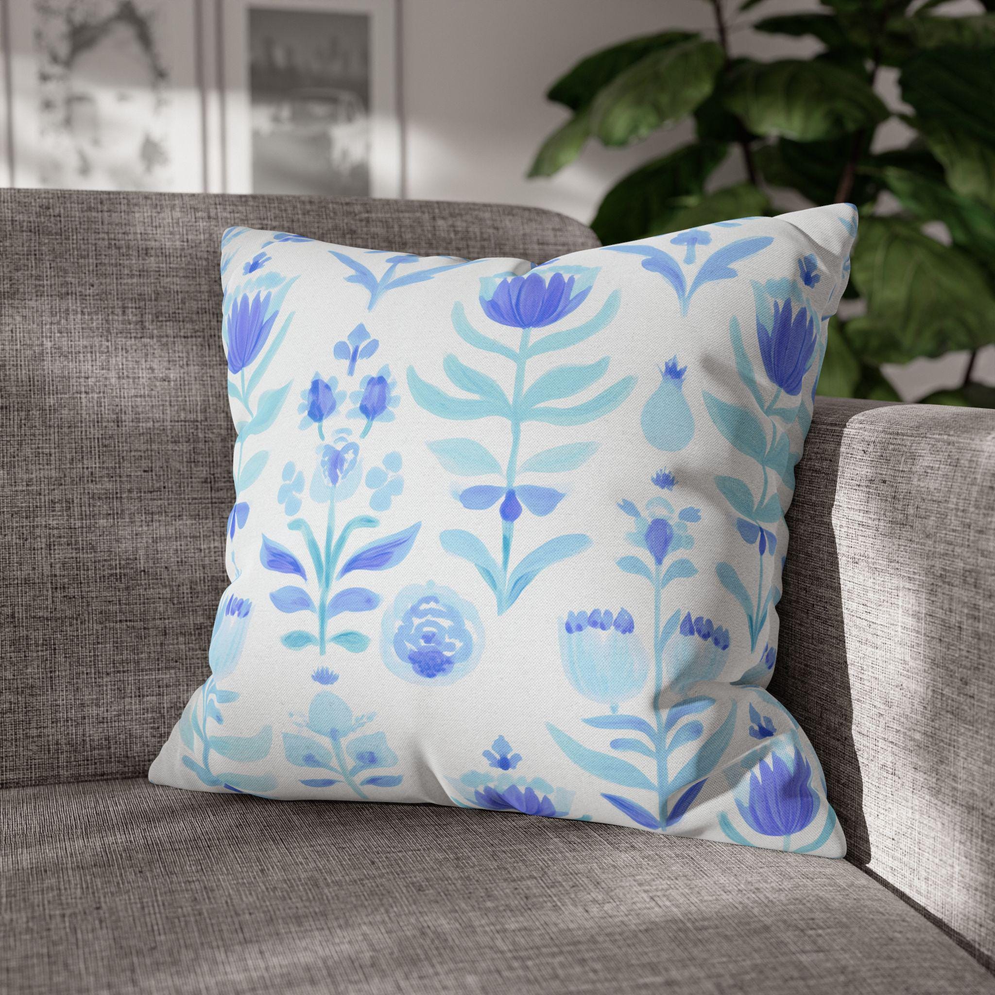Blue Watercolor Floral Pillow Cover: Folk Art Stamped Cushion Case for Cottagecore Spring Decor