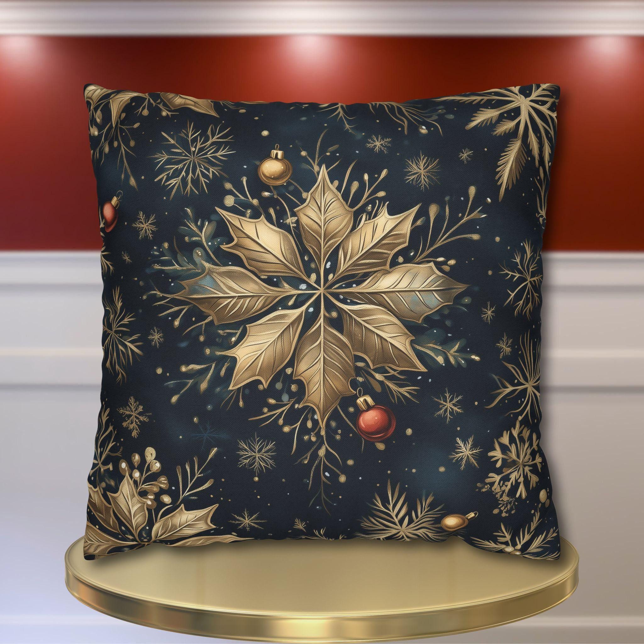 Elegant Poinsettia and Snowflake Pillow Cover | Holiday Decor | Gold Accents on a  Navy Blue Background