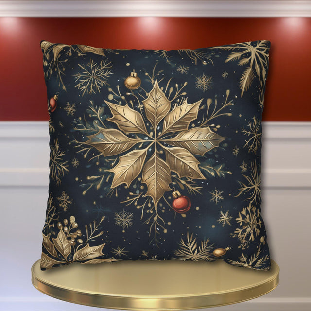 Elegant Poinsettia and Snowflake Pillow Cover | Holiday Decor | Gold Accents on a  Navy Blue Background