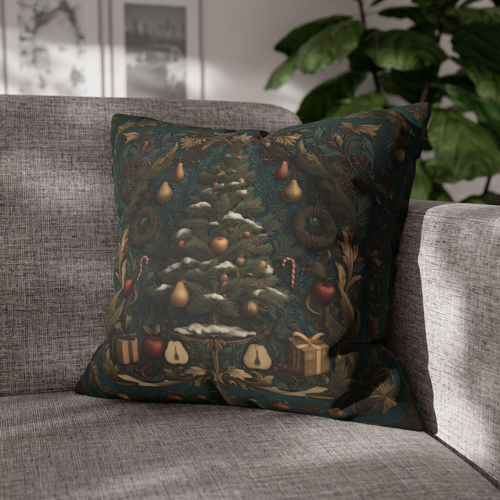 William Morris Inspired Christmas Tree Pillow Cover: Holiday Fruit & Wreath Motif