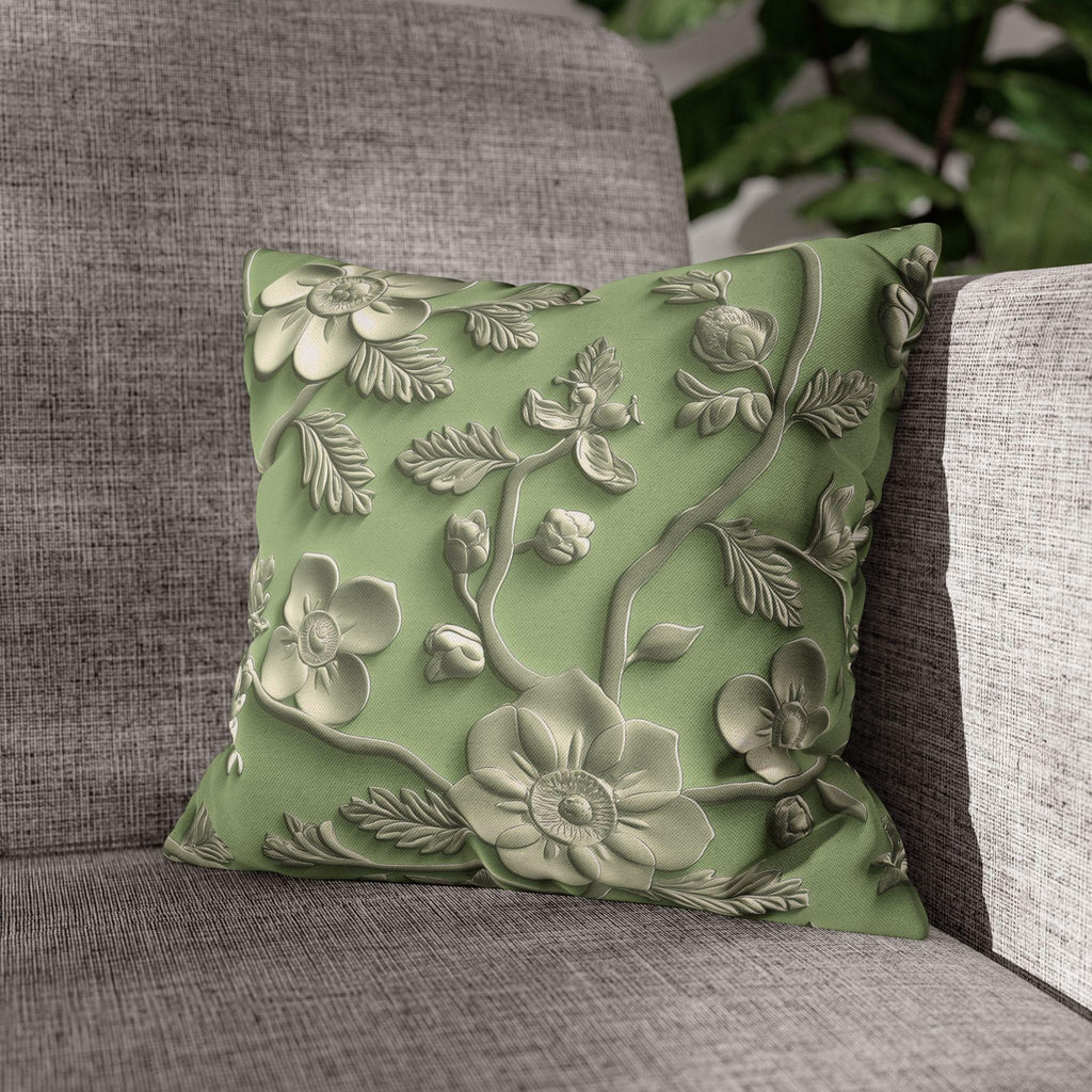 Elegant Chinoiserie Floral Pillow Cover: Green & Tan Pottery-Inspired Design for Timeless Asian Decor