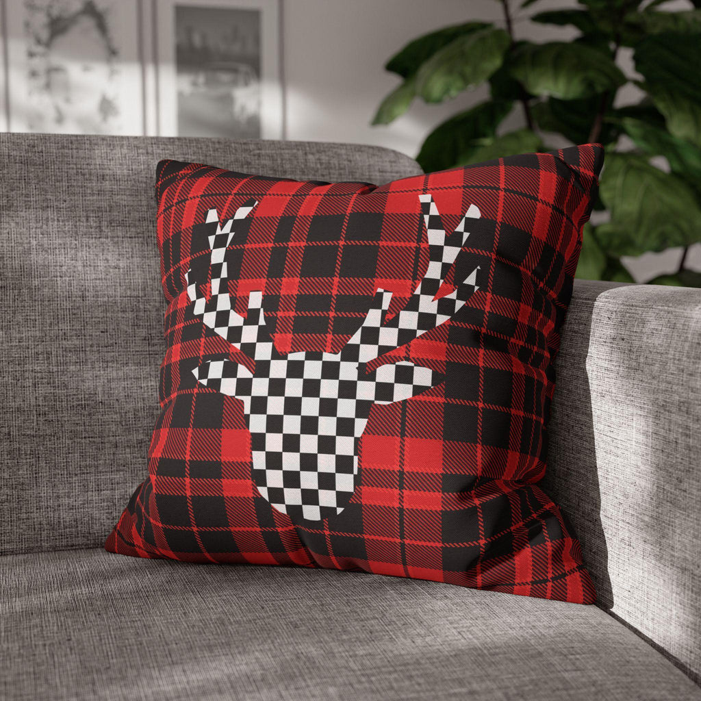 Plaid & Checker Stag Pillow Cover: Modern Rustic Christmas Accent