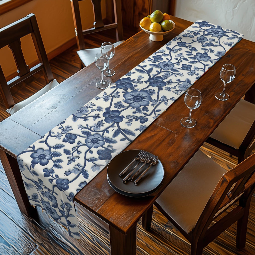Elegant Chinoiserie Blue & White Table Runner: Traditional Pottery-Inspired Dining Decor