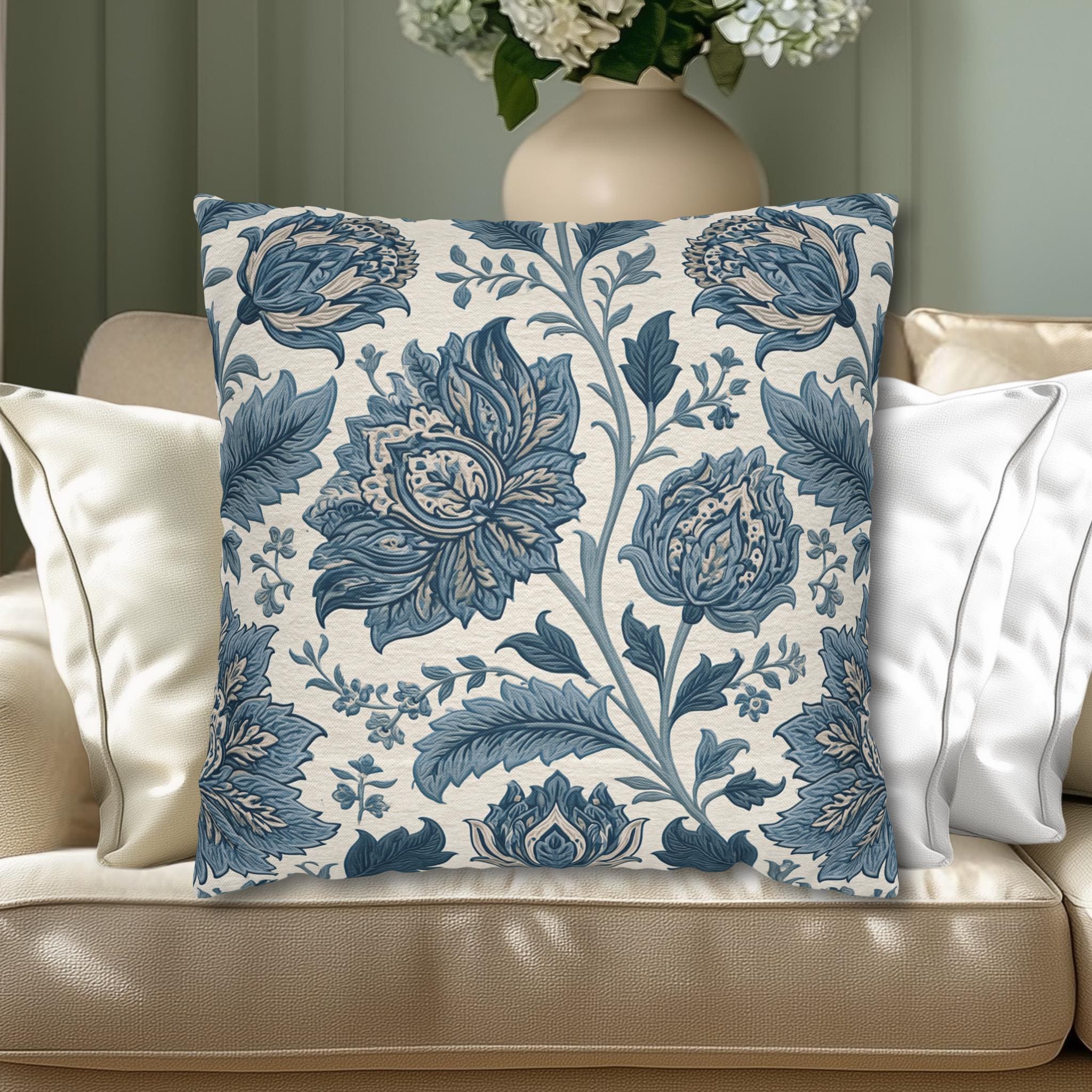 Blue Country Farmhouse Pillow Cover: William Morris Inspired Toile Floral Accent