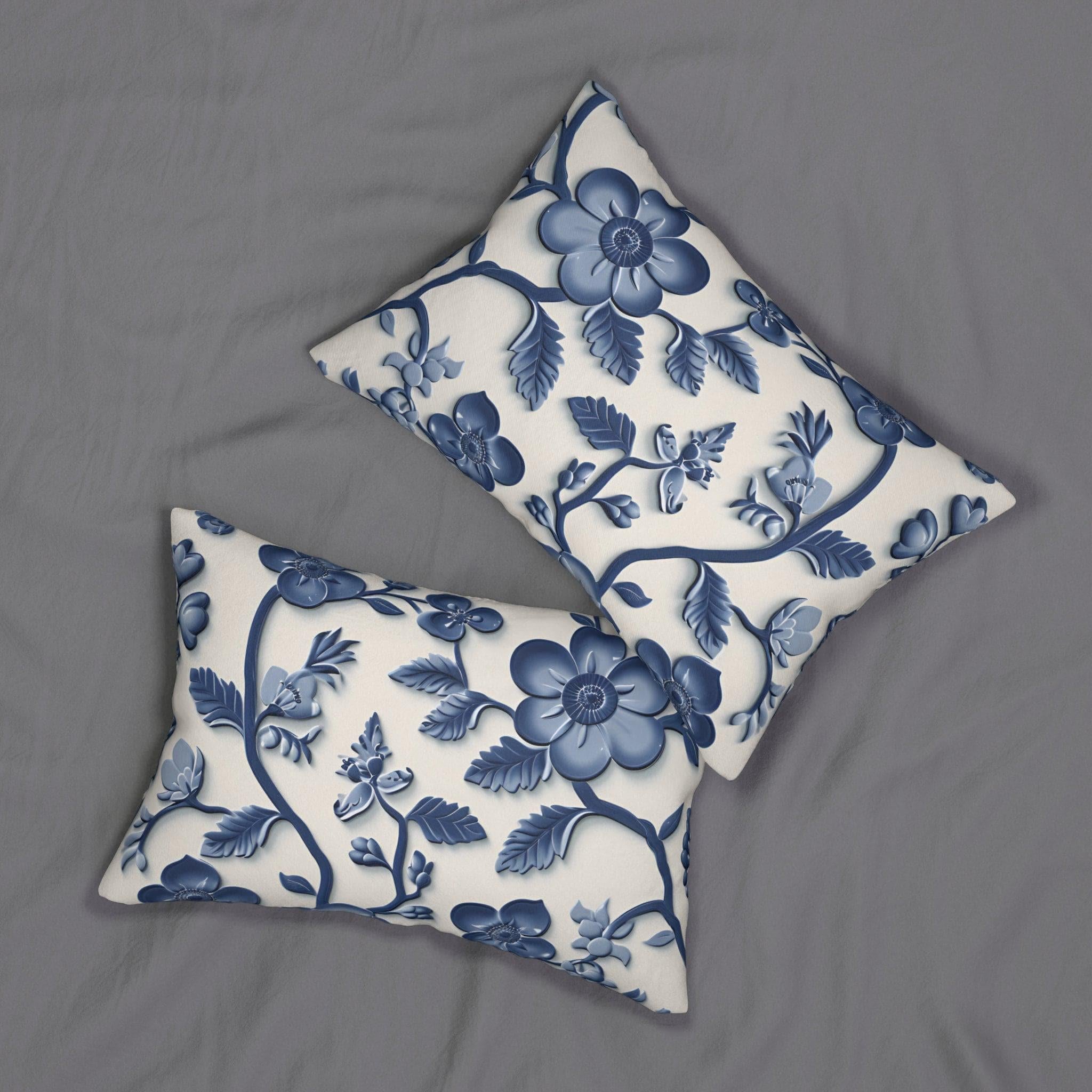 Chinoiserie Blue White Floral Lumbar Pillow | Elegant Pottery Pattern Accent Cushion