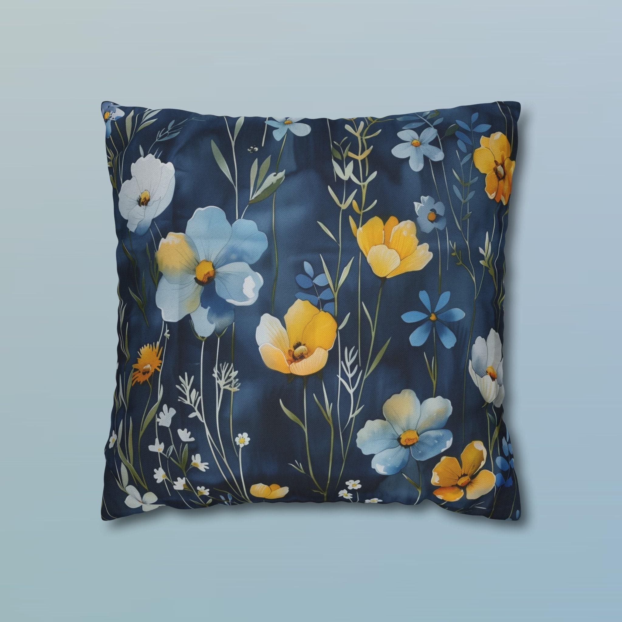 Floral Pillow Cover, Watercolor Style, Elegant Dark Blue, Accent Pillowcase