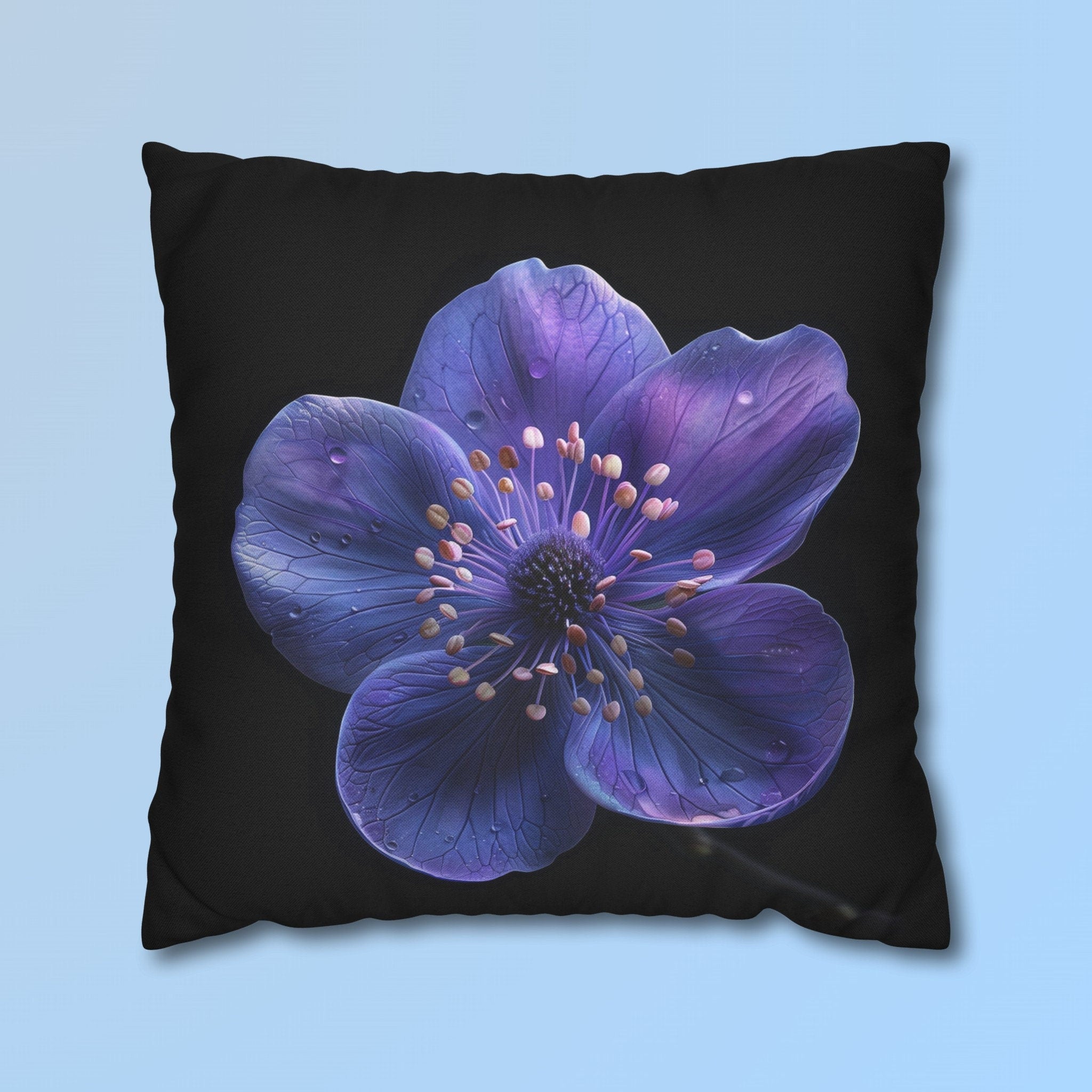 Purple Anemone Floral Pillow Cover, Vivid Flower on Black