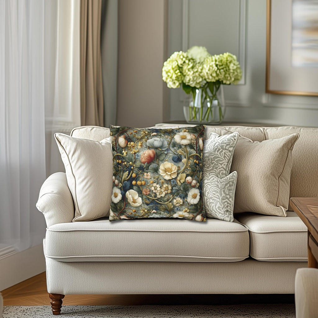 Vintage Style Meadow Garden Pillow Cover: Soft Sage Ivory & Lilac Botanical Floral