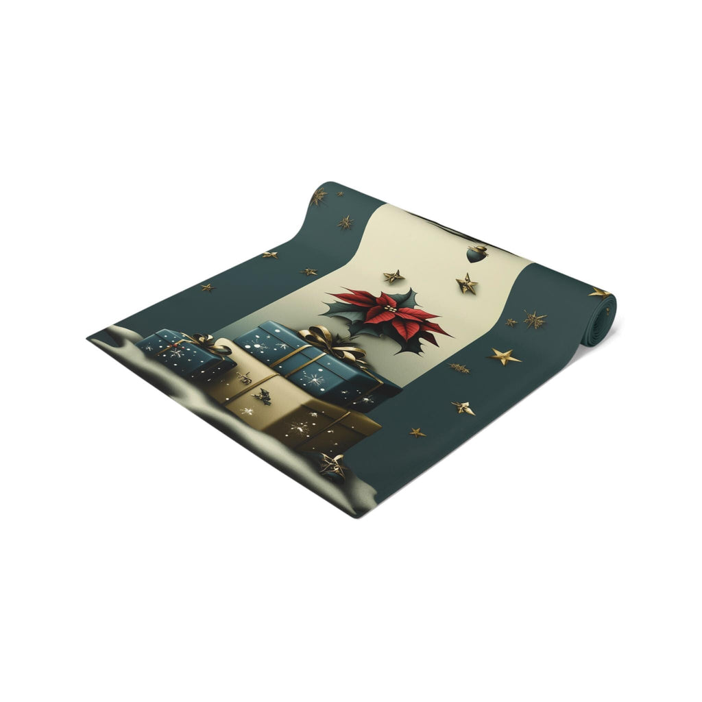 Vintage Nostalgia Christmas Table Runner: Snowman, Poinsettia & Wreaths on Deep Teal-Gray and Cream