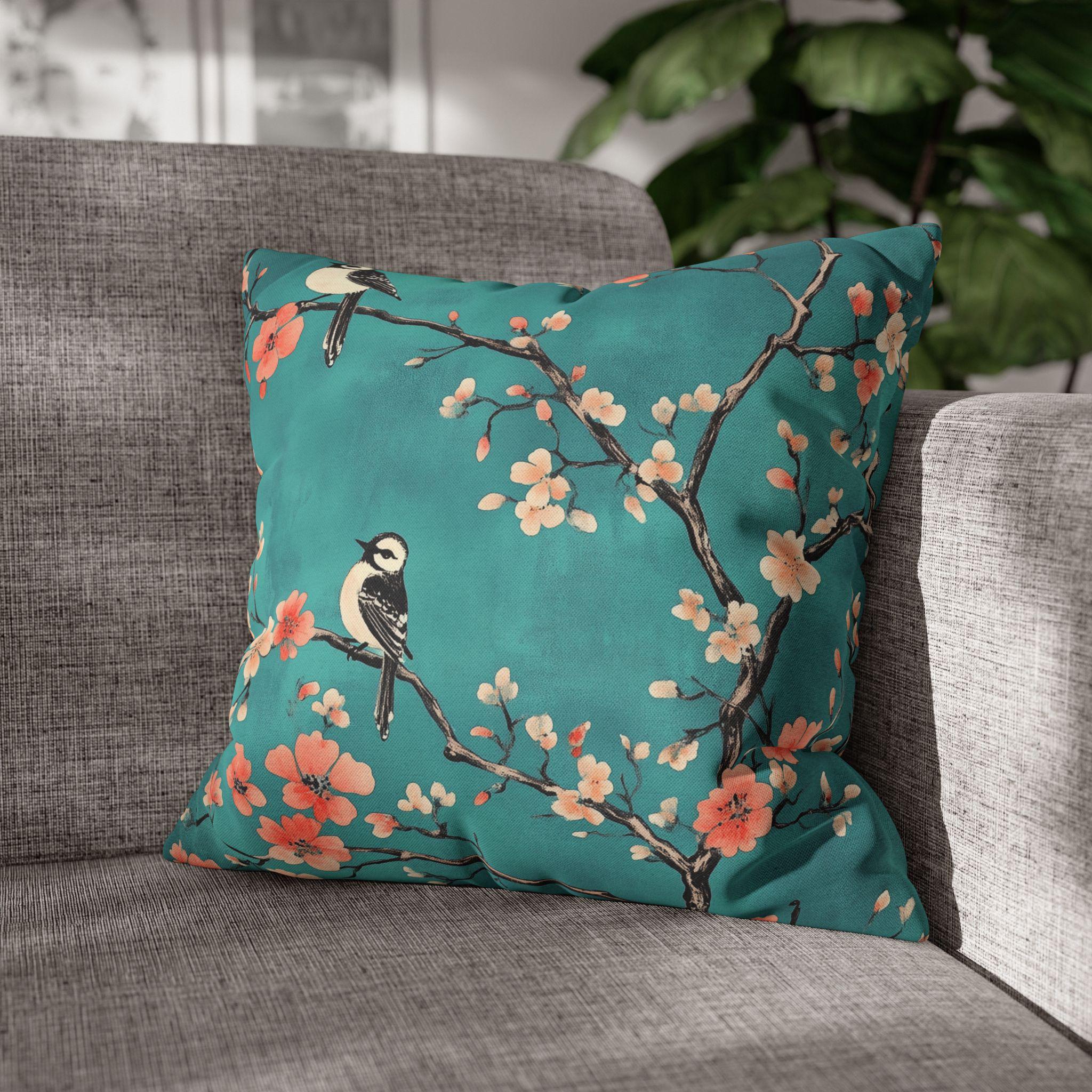 Elegant Chinoiserie Teal Bird Pillow Cover with Coral Blossoms for Nature-Inspired Home Decor