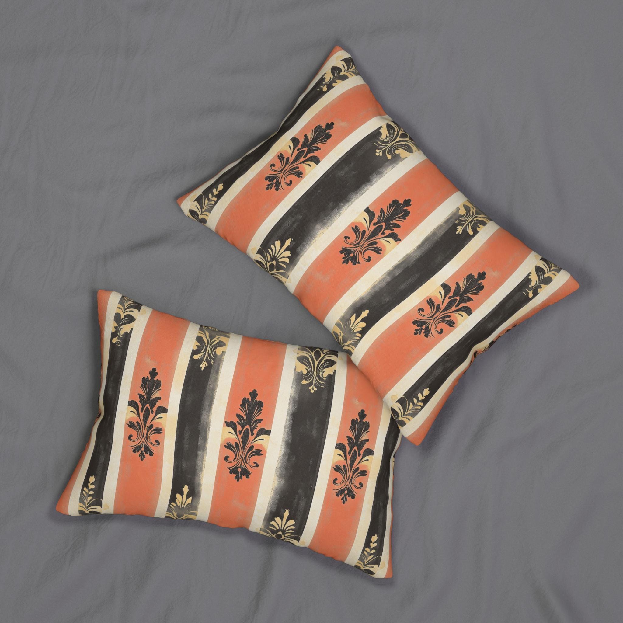 Elegant American Farmhouse Lumbar Pillow: Patriotic Stripes with Gold Damask Floral Motifs