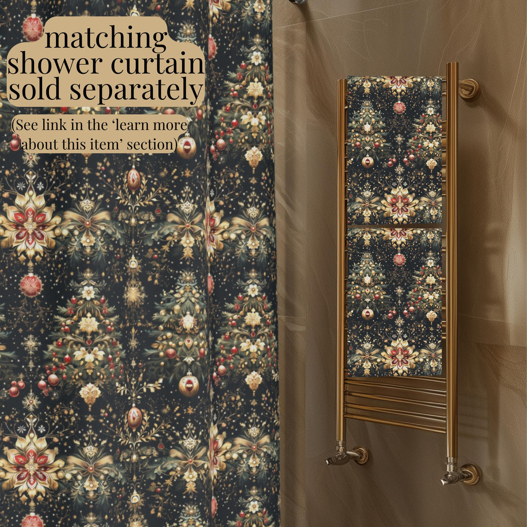 Christmas Tree Hand Towel: Luxe Gold Red & Green on Deep Charcoal Holiday Bath Decor