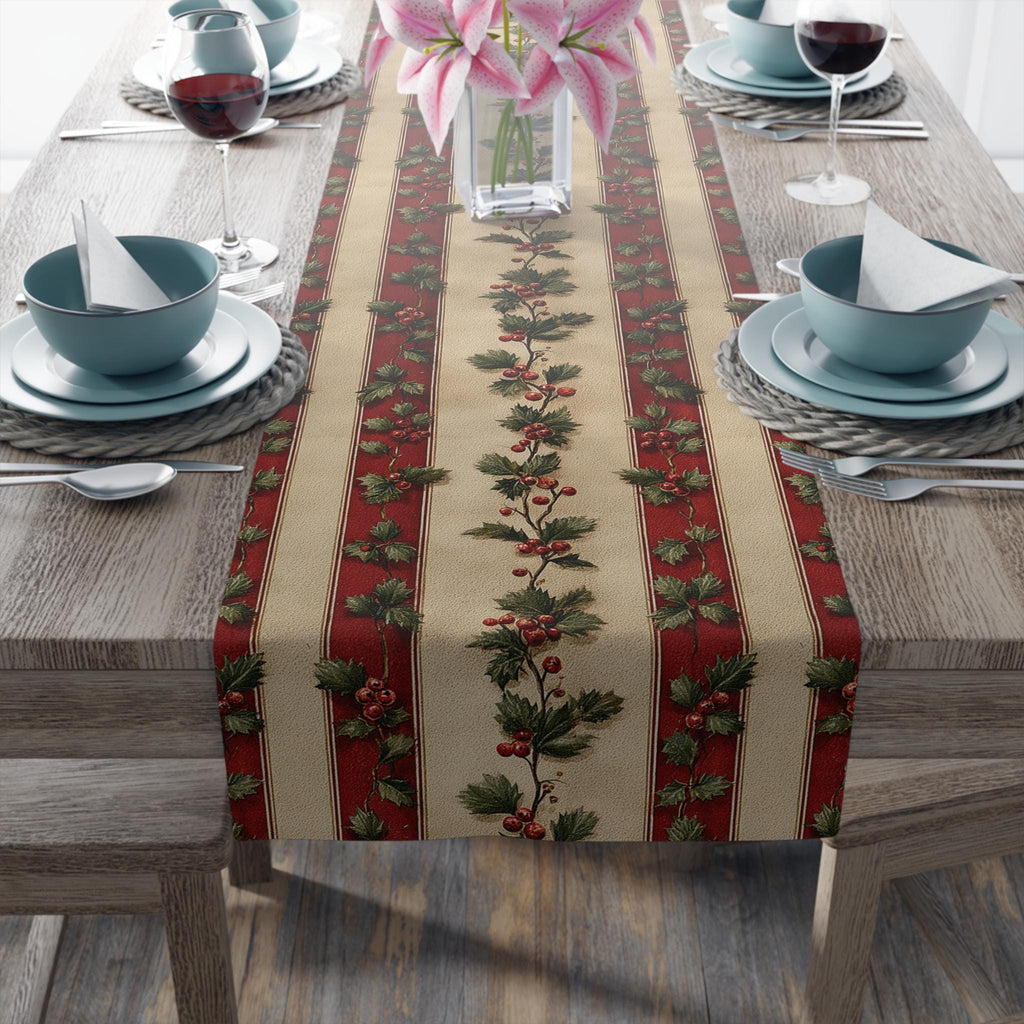 Striped Holly Christmas Table Runner: Red, Green, Cream Holiday Botanical Winter Decor