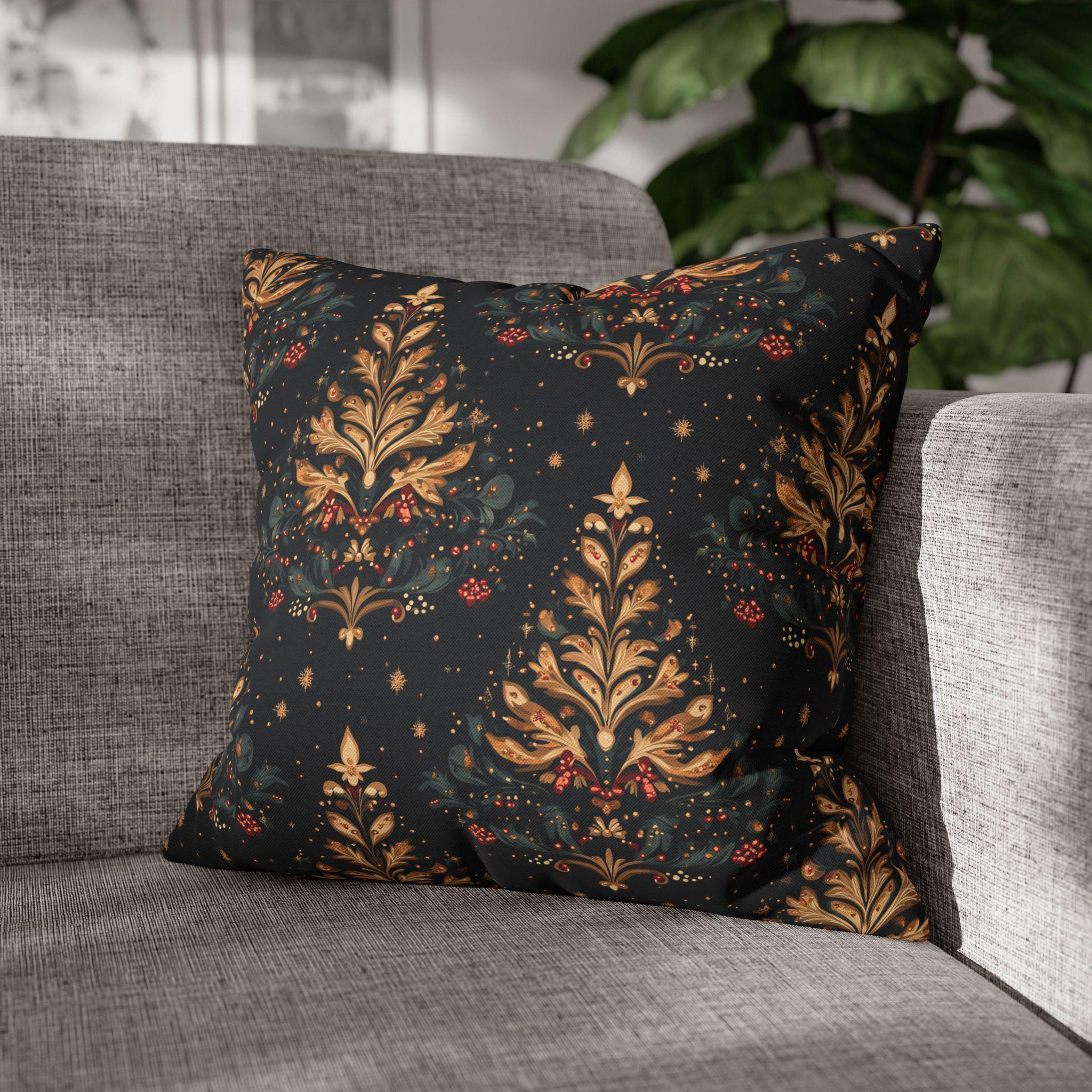 William Morris Christmas Tree Pattern Pillowcase, Golden Red Green Dark Navy Winter Cushion Cover
