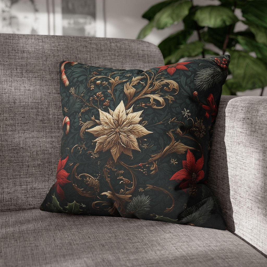 Dark Botanical Holiday Pillow Cover: Gold Poinsettia, Red Florals & Candy Canes on Deep Pine
