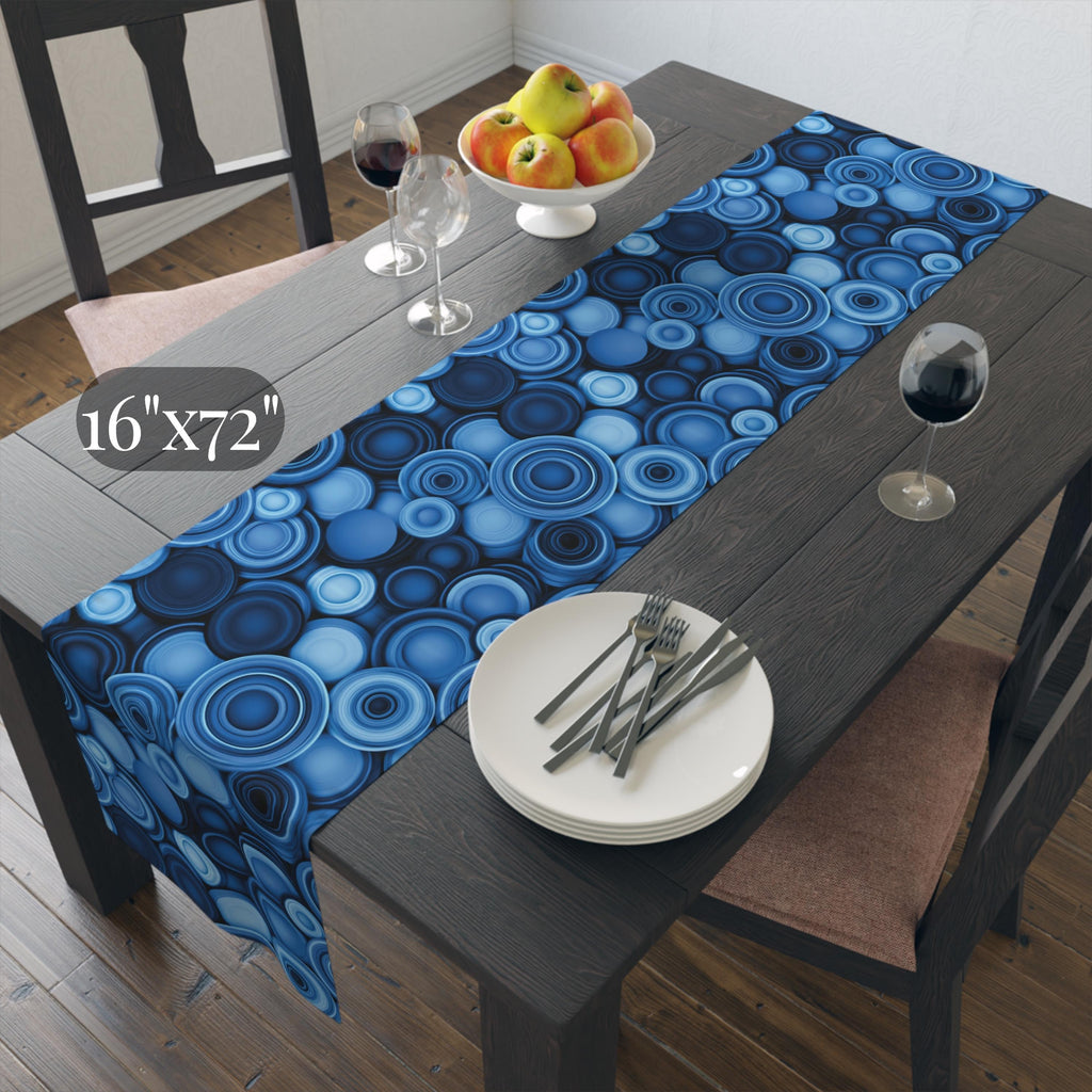 Retro Modern Blue Geometric Table Runner: Mid Century Circle Pattern Decor