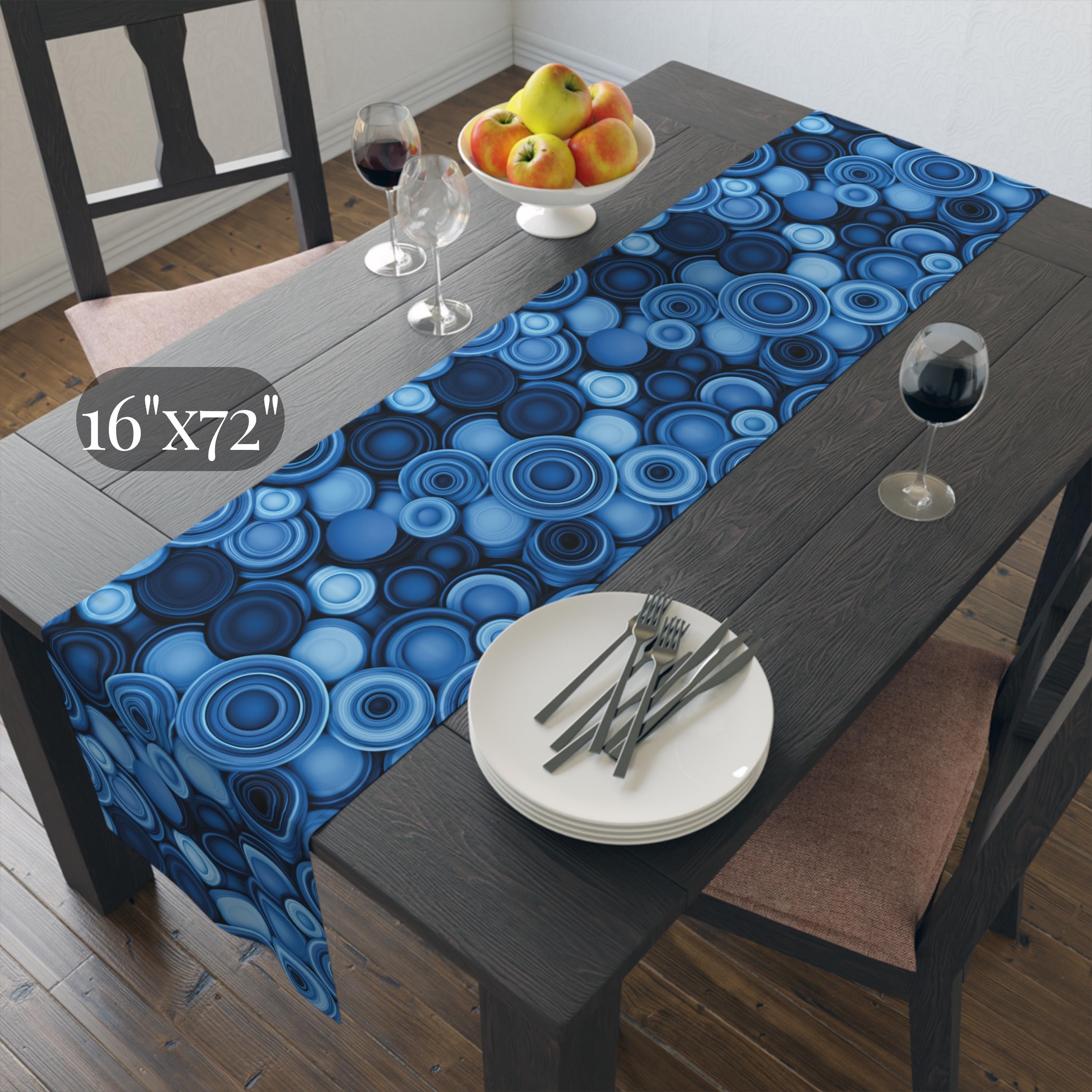 Retro Modern Blue Geometric Table Runner: Mid Century Circle Pattern Decor