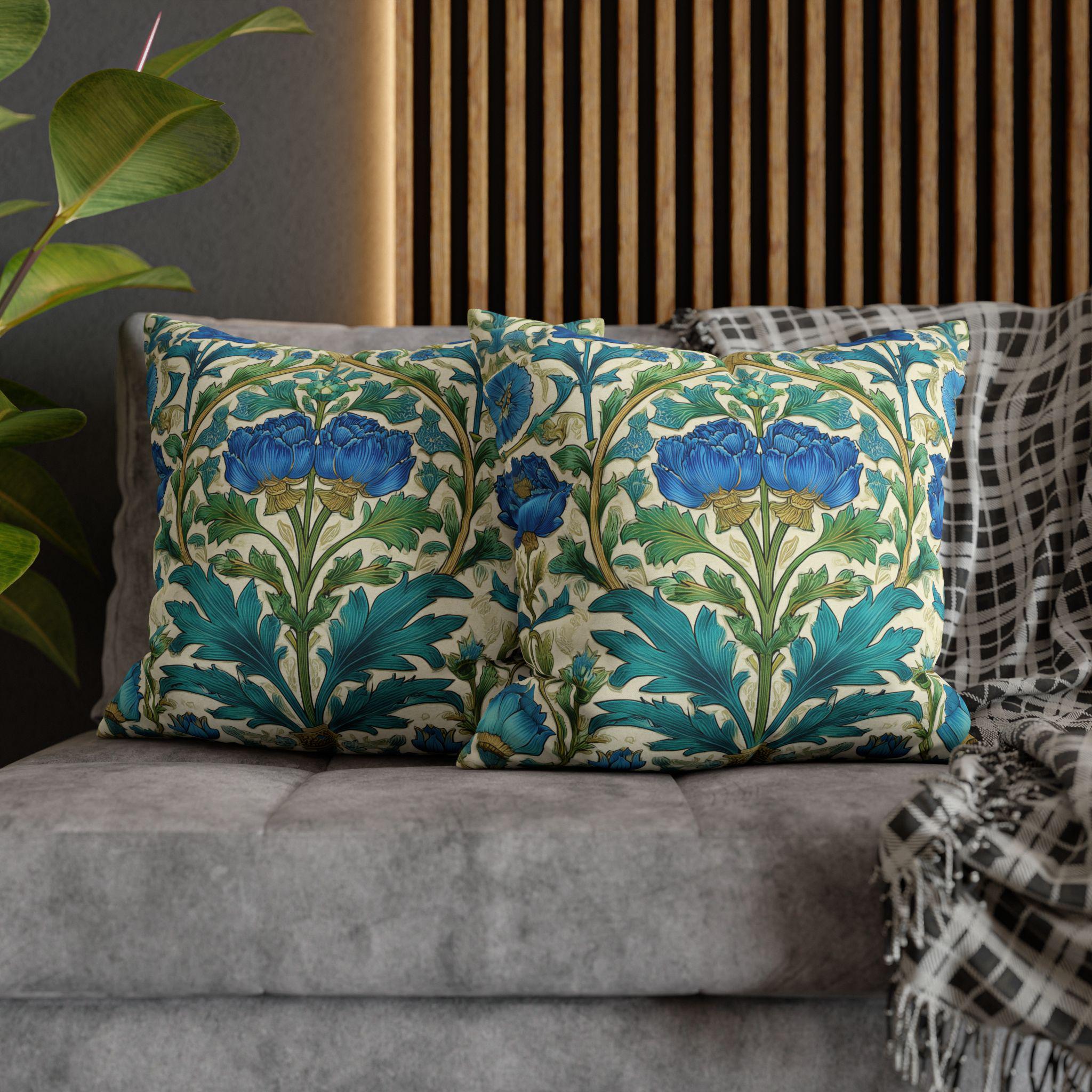 William Morris Inspired Teal Floral Pillow Cover: Art Nouveau Botanical Accent for Victorian Decor