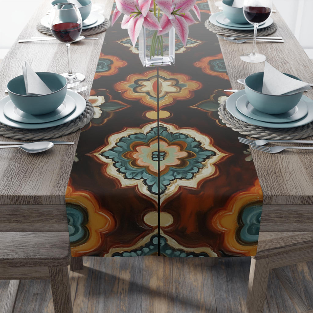 Earthy Mandala Table Runner: Boho Tile Pattern in Burnt Orange, Teal, and Espresso