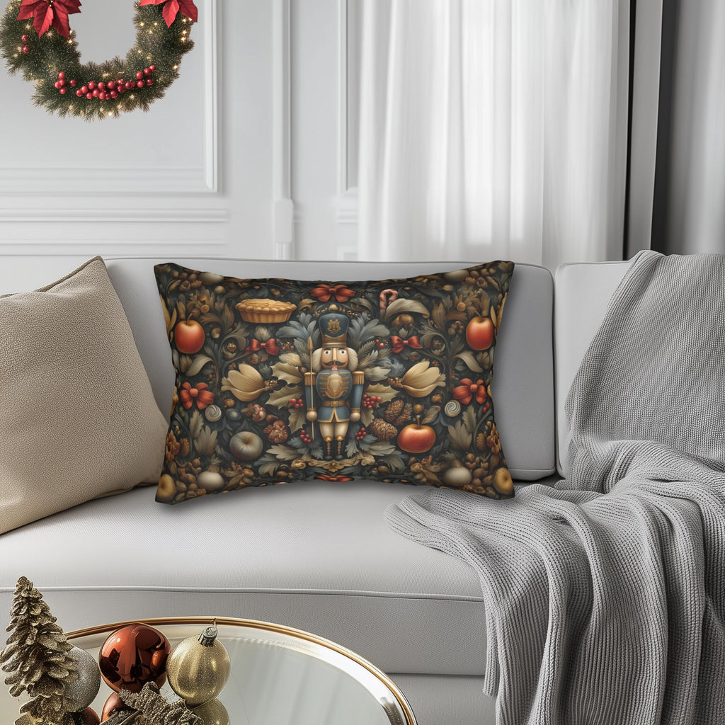 William Morris Nutcracker Lumbar Pillow: Woodland Holly & Pinecone Holiday Design