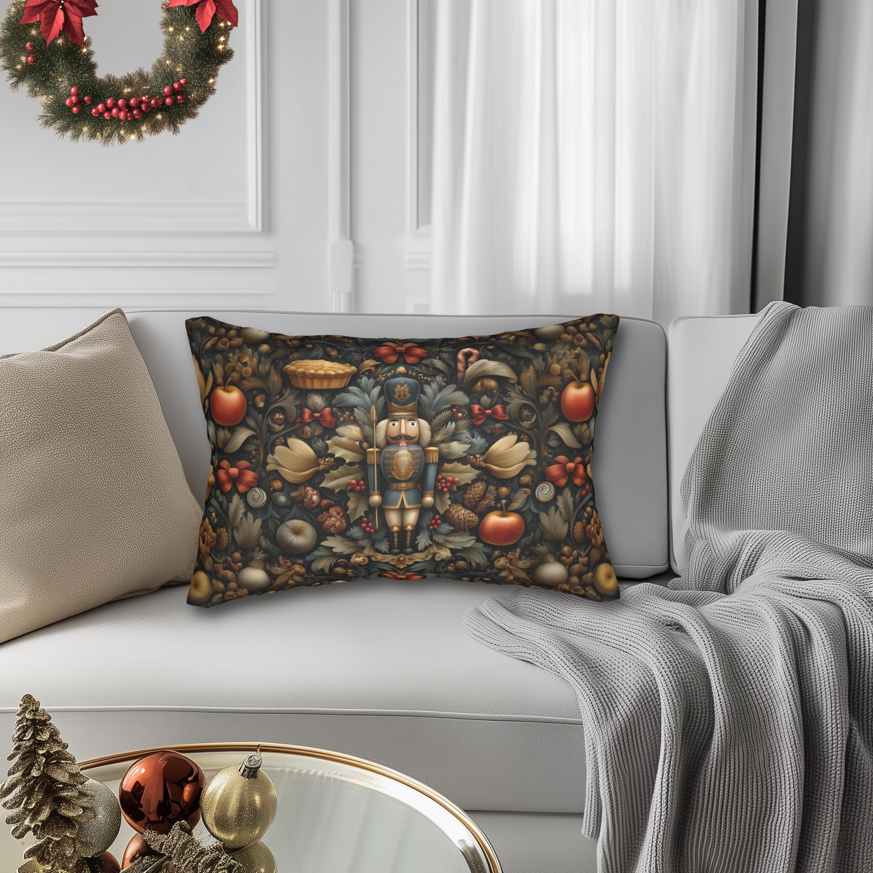 William Morris Nutcracker Lumbar Pillow: Woodland Holly & Pinecone Holiday Design