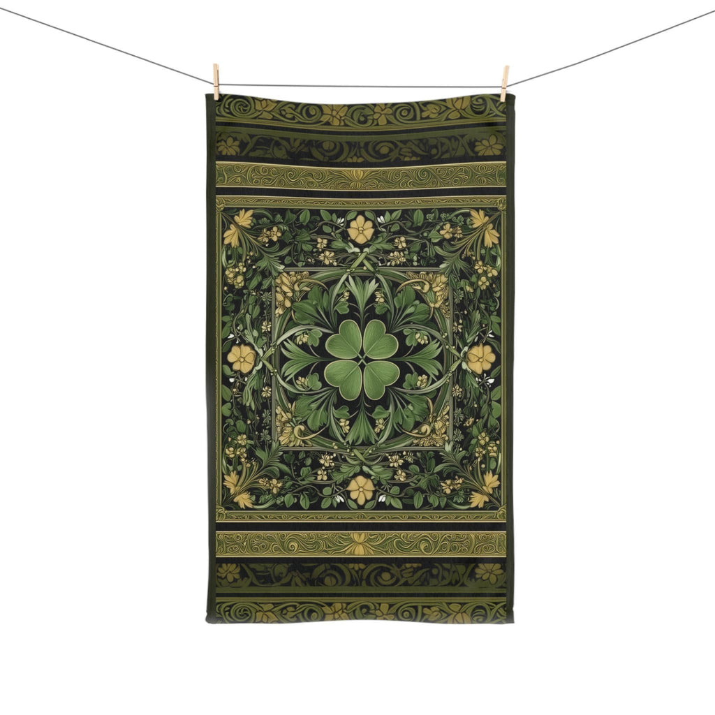 Celtic Clover Botanical Hand Towel: William Morris Inspired Green Tapestry for Bath or Kitchen