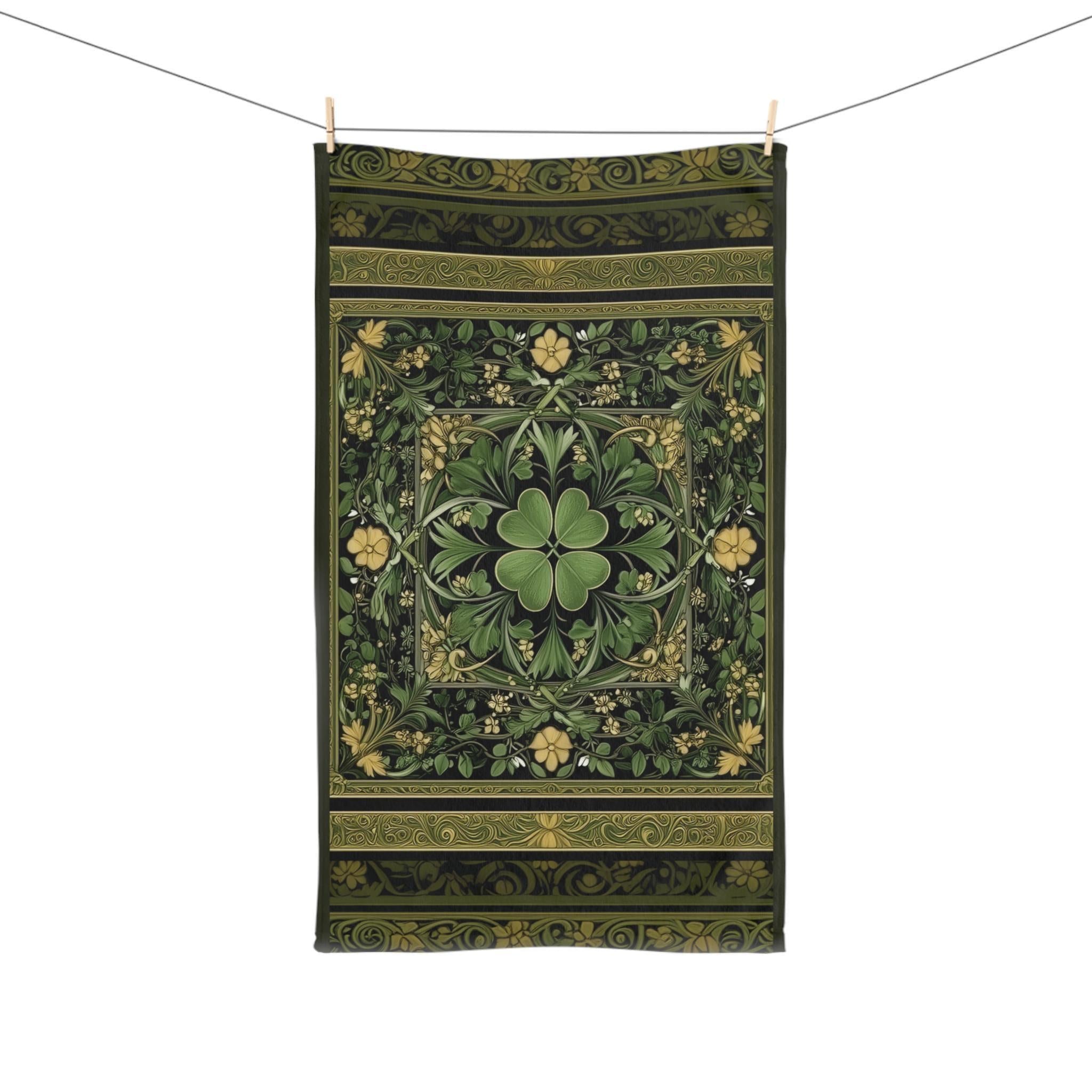 Celtic Clover Botanical Hand Towel: William Morris Inspired Green Tapestry for Bath or Kitchen