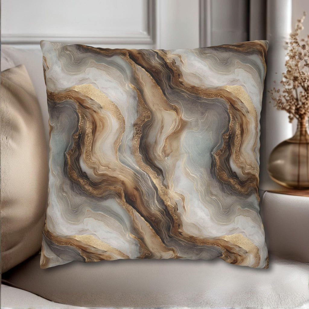 Modern Abstract Pillow Cover: Brown Marble Look with Gold Color Accents