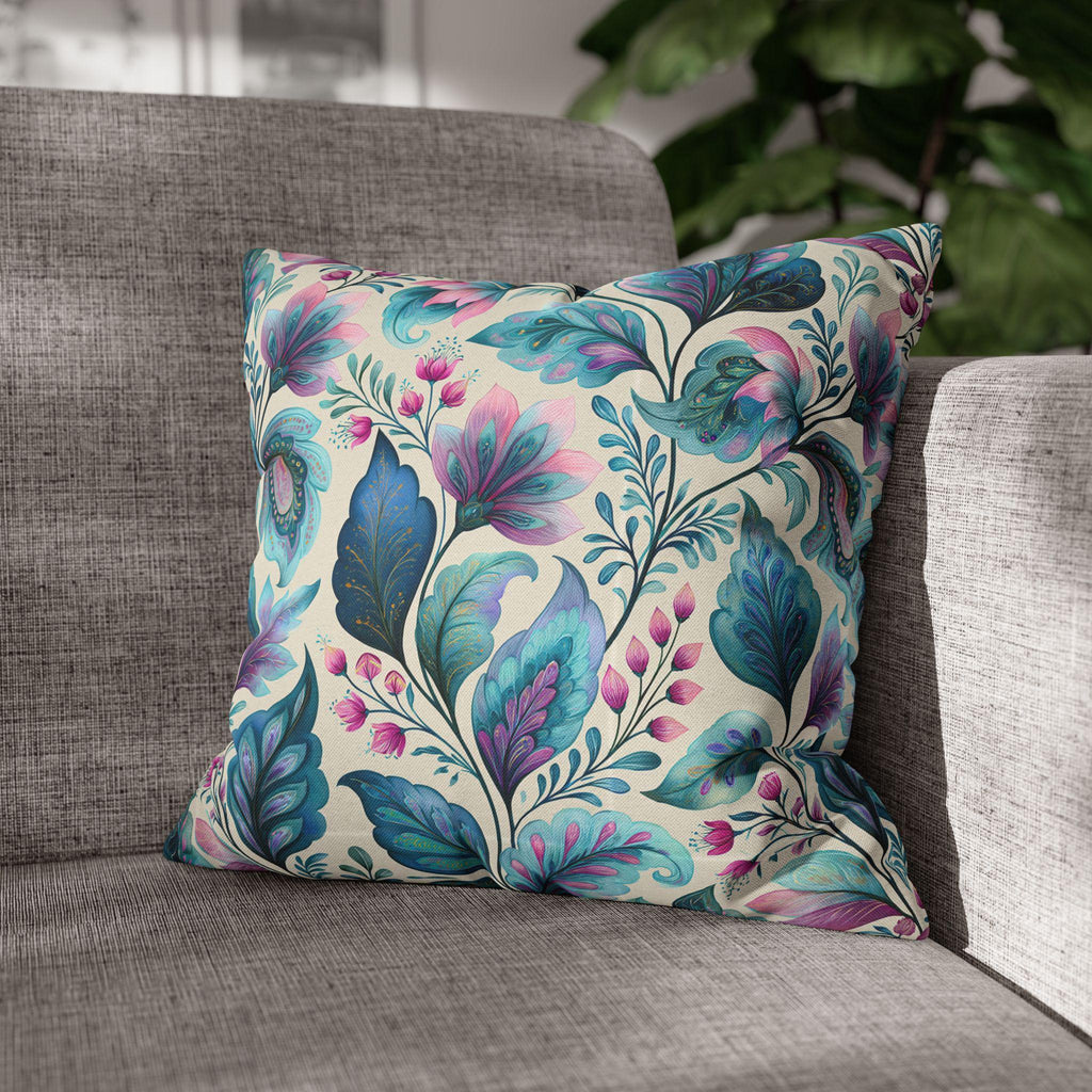 Botanical Paisley Pillow Cover: Watercolor Jewel Tone in Teal, Aqua, Violet and Pink